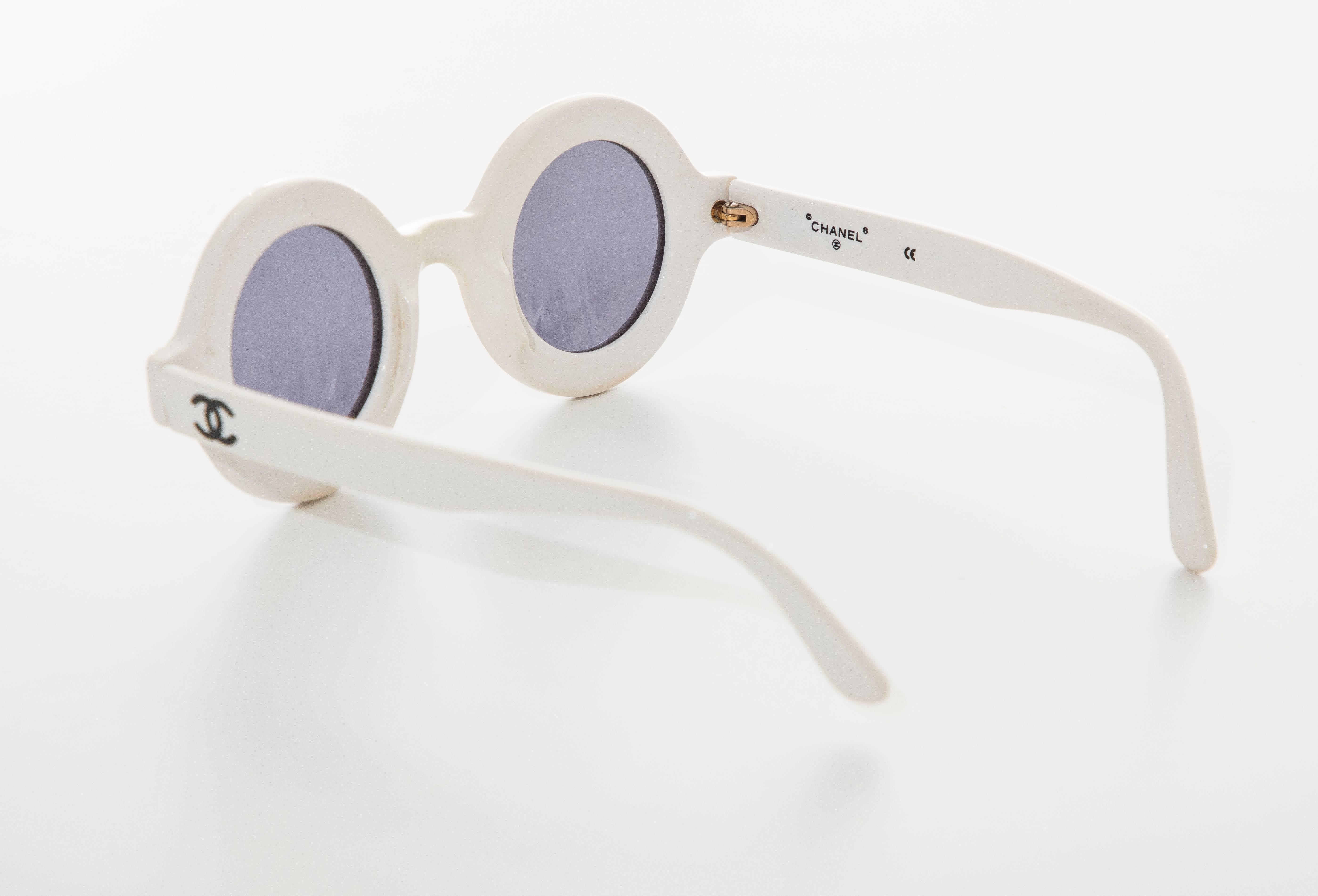 Women's or Men's Chanel Runway Logo Round White Sunglasses With Tinted Lenses, Spring 1993