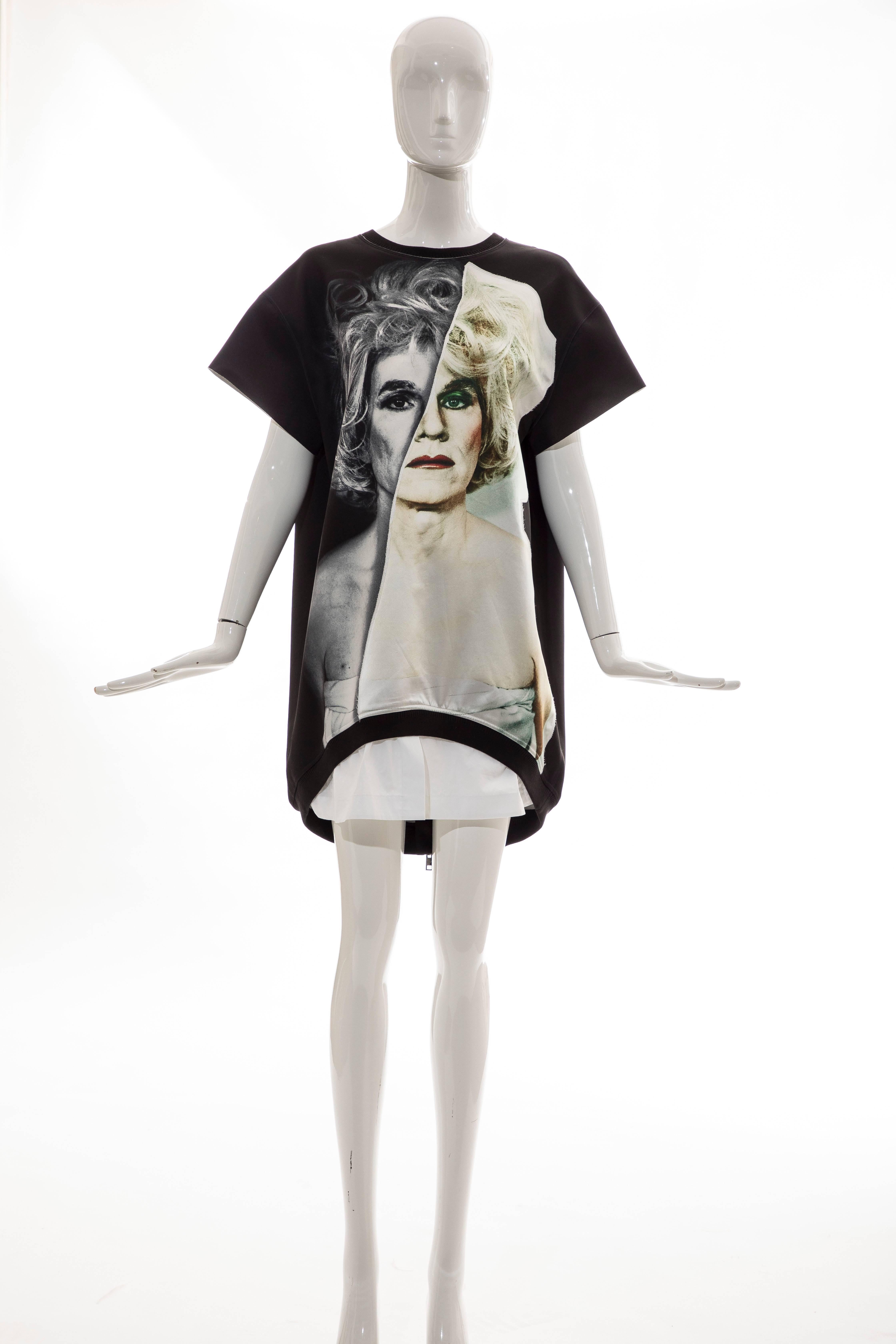 Christopher Makos for PORTS 1961, Circa 2014  Andy Warhol altered images capsule collection, black, silk, cotton, polyester, mini dress with round neck, raglan sleeve, asymmetric hem and back zip closure. 

Size: Medium

Bust: 44, Waist: 46, Hip 46,