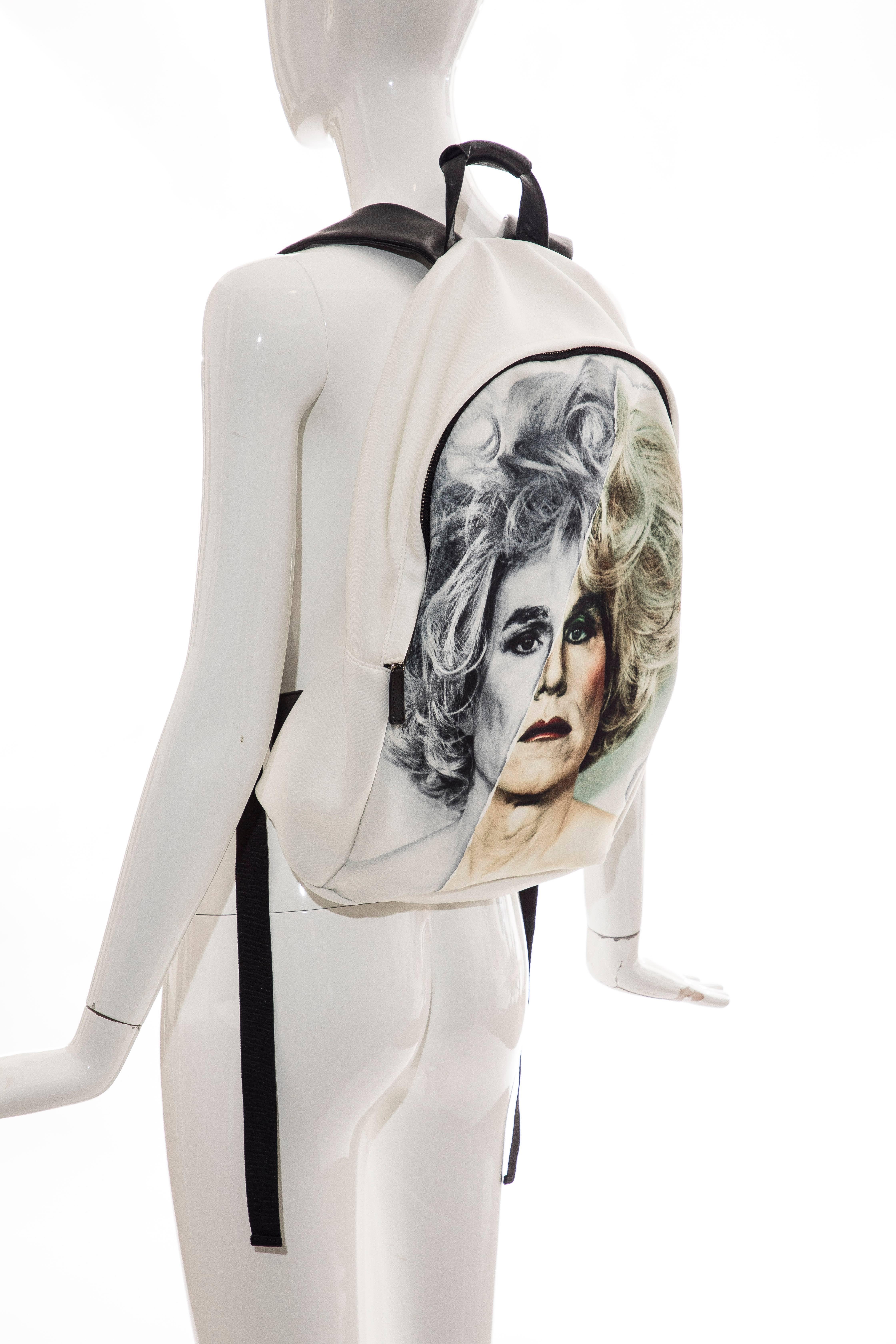  Christopher Makos for Ports 1961, Andy Warhol altered images capsule collection, white neoprene backpack with black dual adjustable shoulder straps, single flat top handle, unlined interior featuring zip pocket and zip closure at top. 

Shoulder