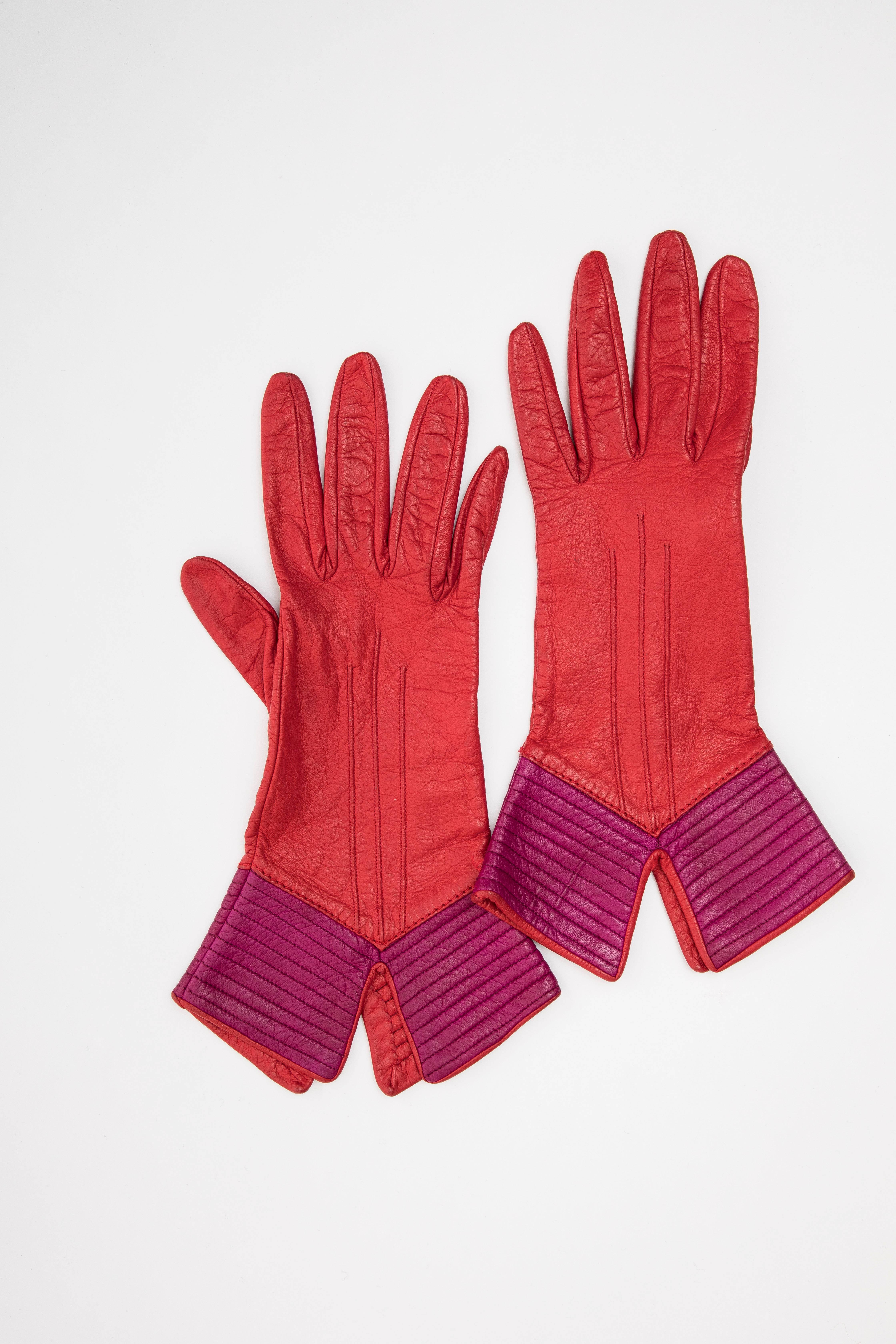 Red Yves Saint Laurent Color-Block Leather Gloves Silk Lining, Circa 1970s For Sale