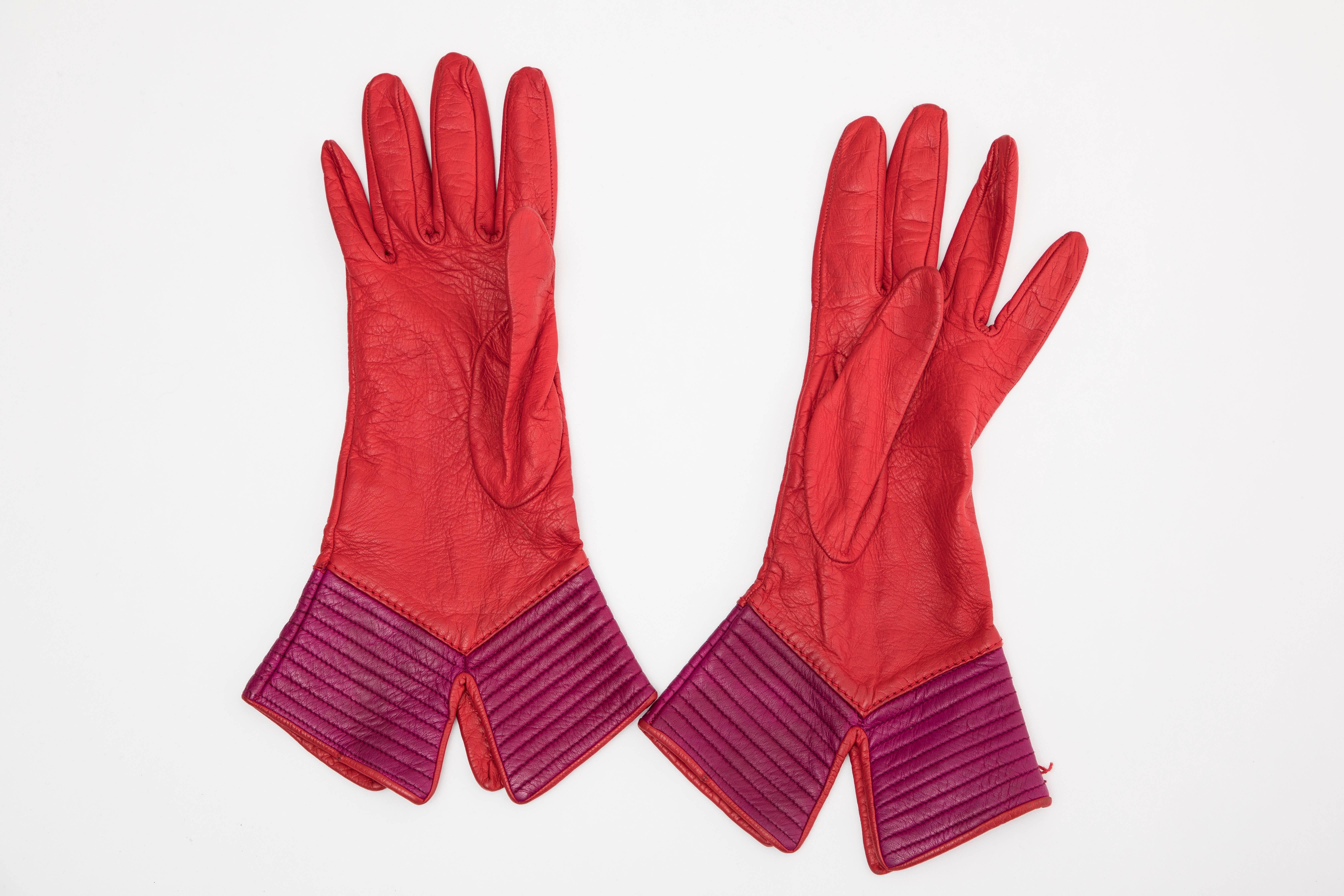 Women's Yves Saint Laurent Color-Block Leather Gloves Silk Lining, Circa 1970s For Sale