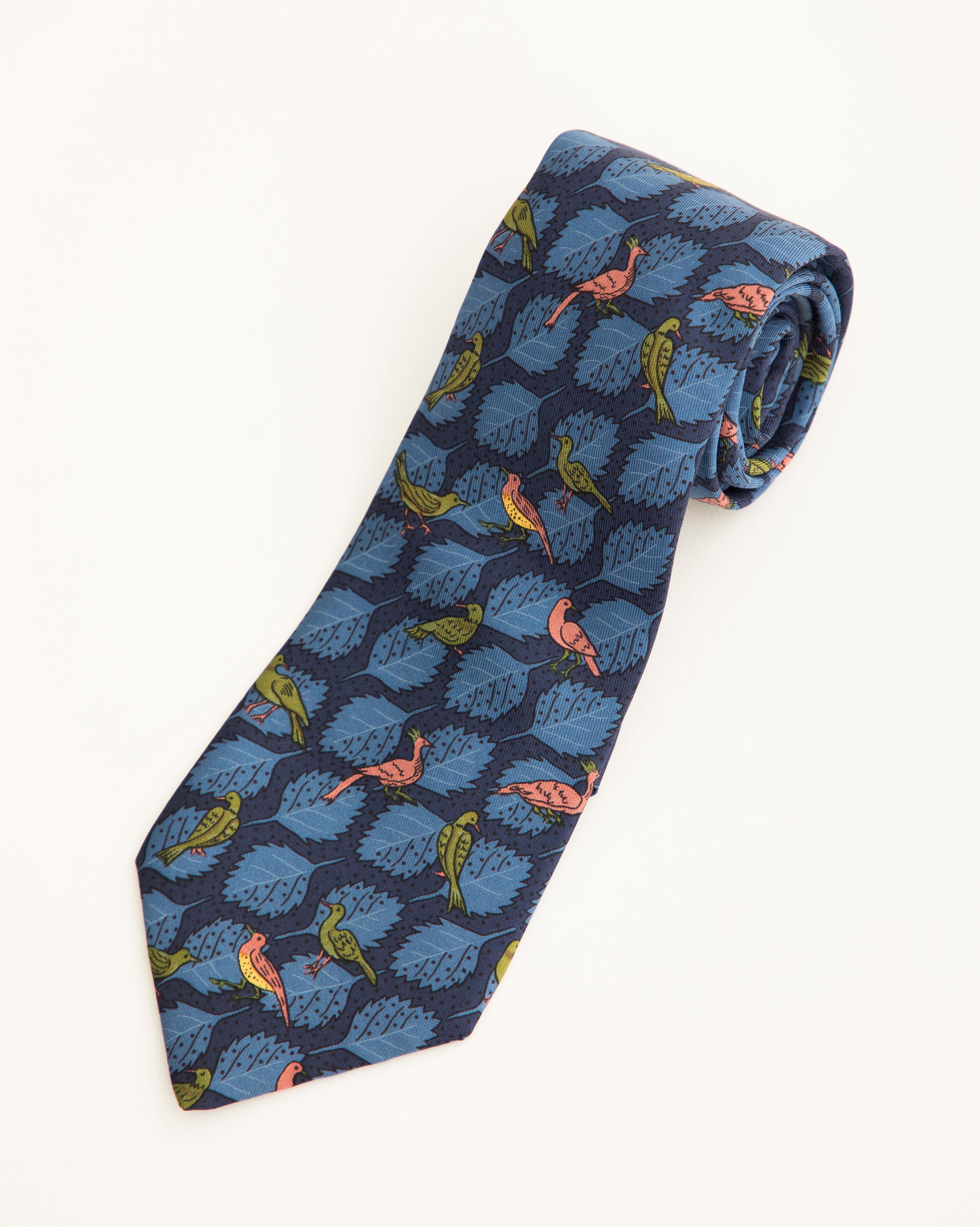 Hermes Men's Printed Blue Silk Bird Leaf Motif Tie 1