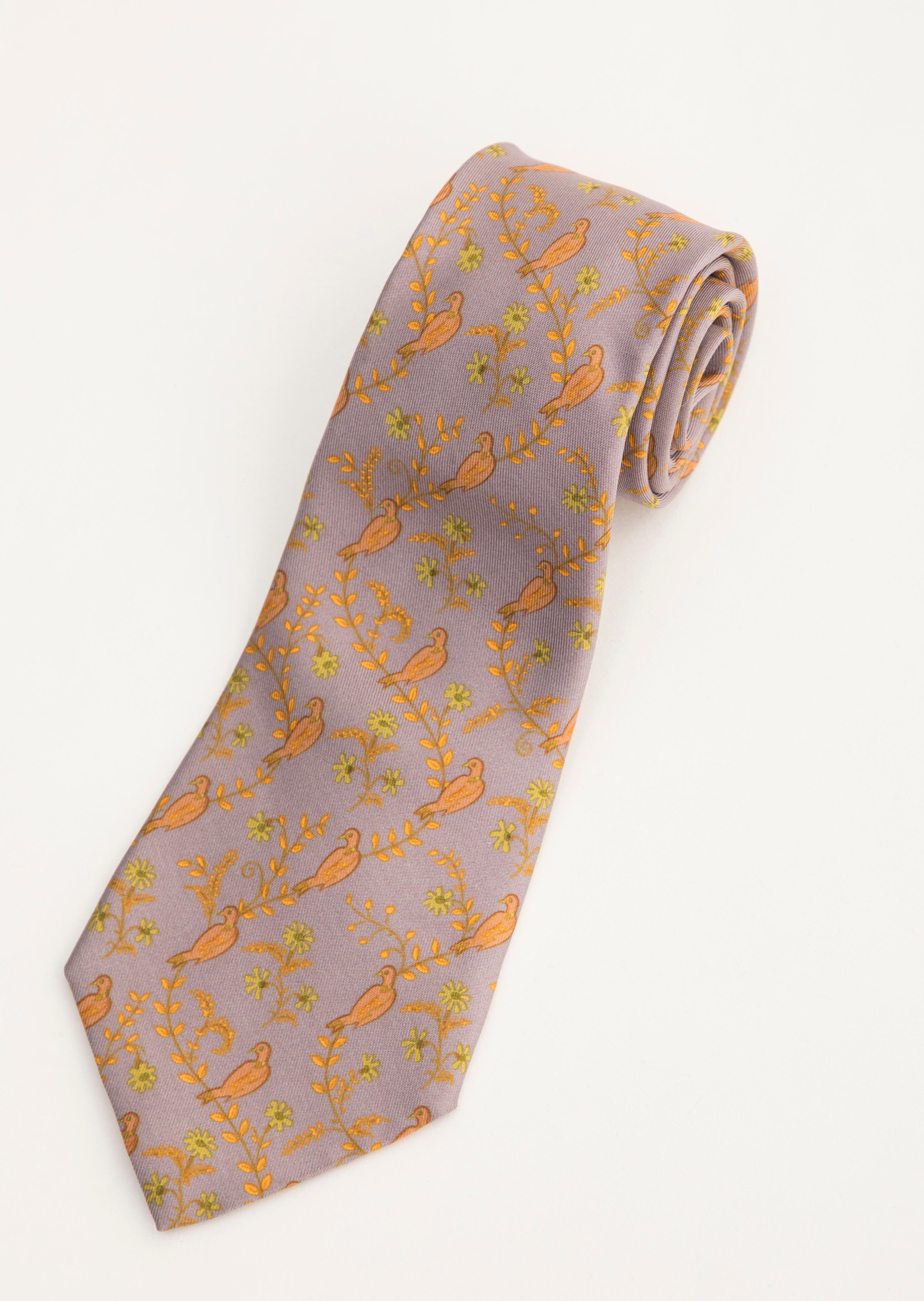 Hermes Men's Lavender Gold Green Silk Printed Bird Motif Tie In Excellent Condition In Cincinnati, OH
