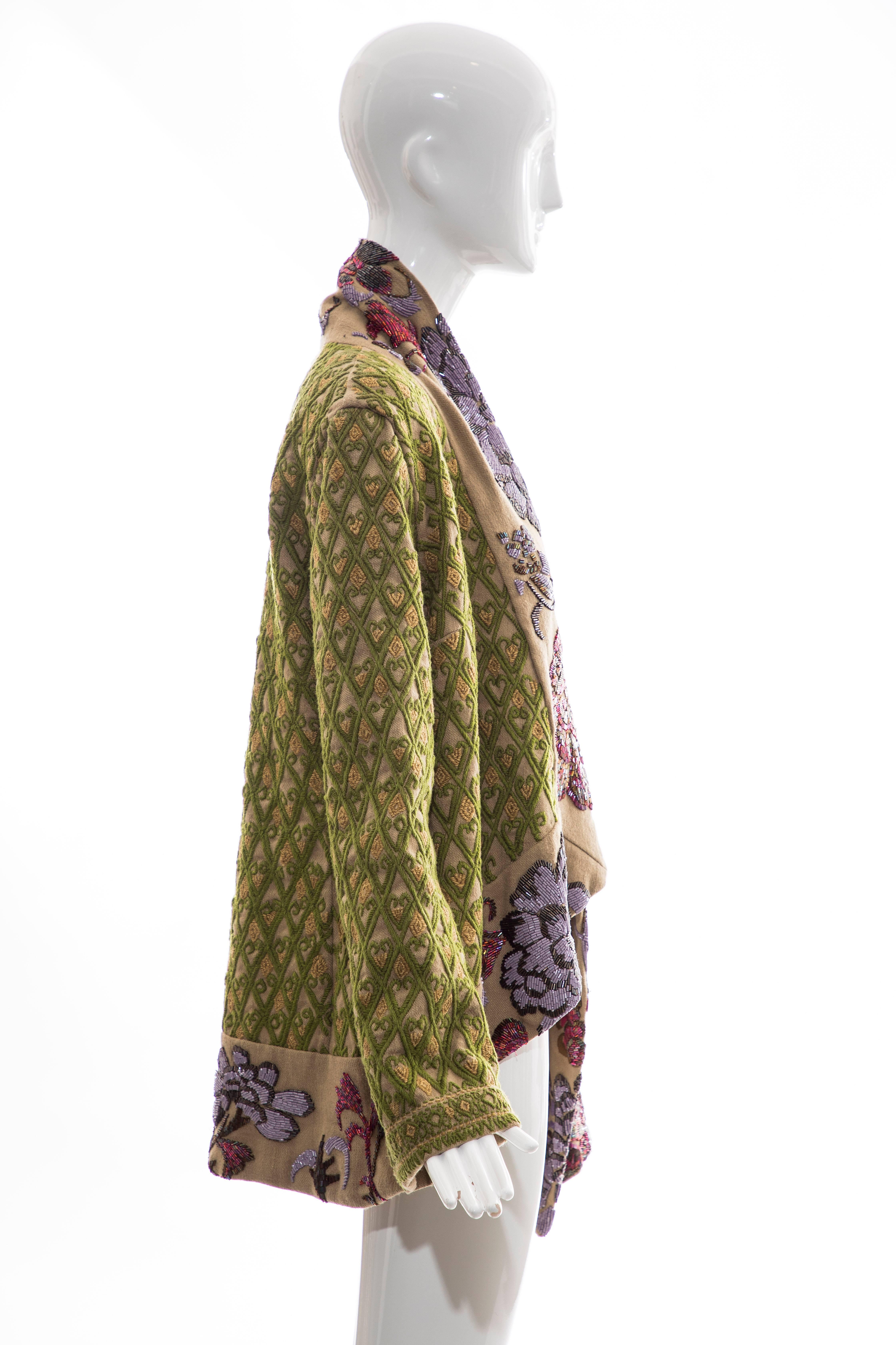 Brown Dries Van Noten Runway Hemp Wool Floral Embroidered Beaded Jacket, Fall 2003