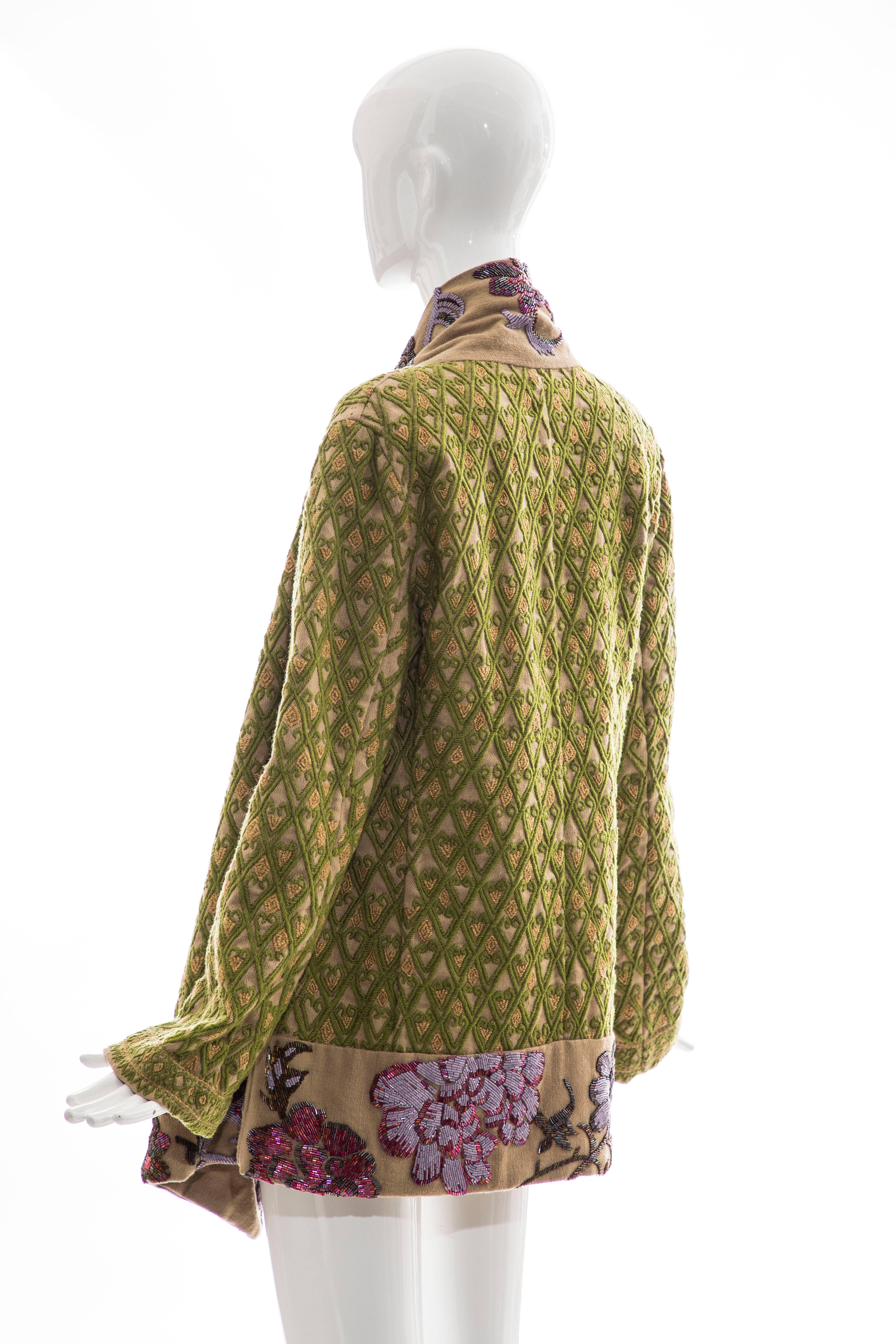 Dries Van Noten Runway Hemp Wool Floral Embroidered Beaded Jacket, Fall 2003 2