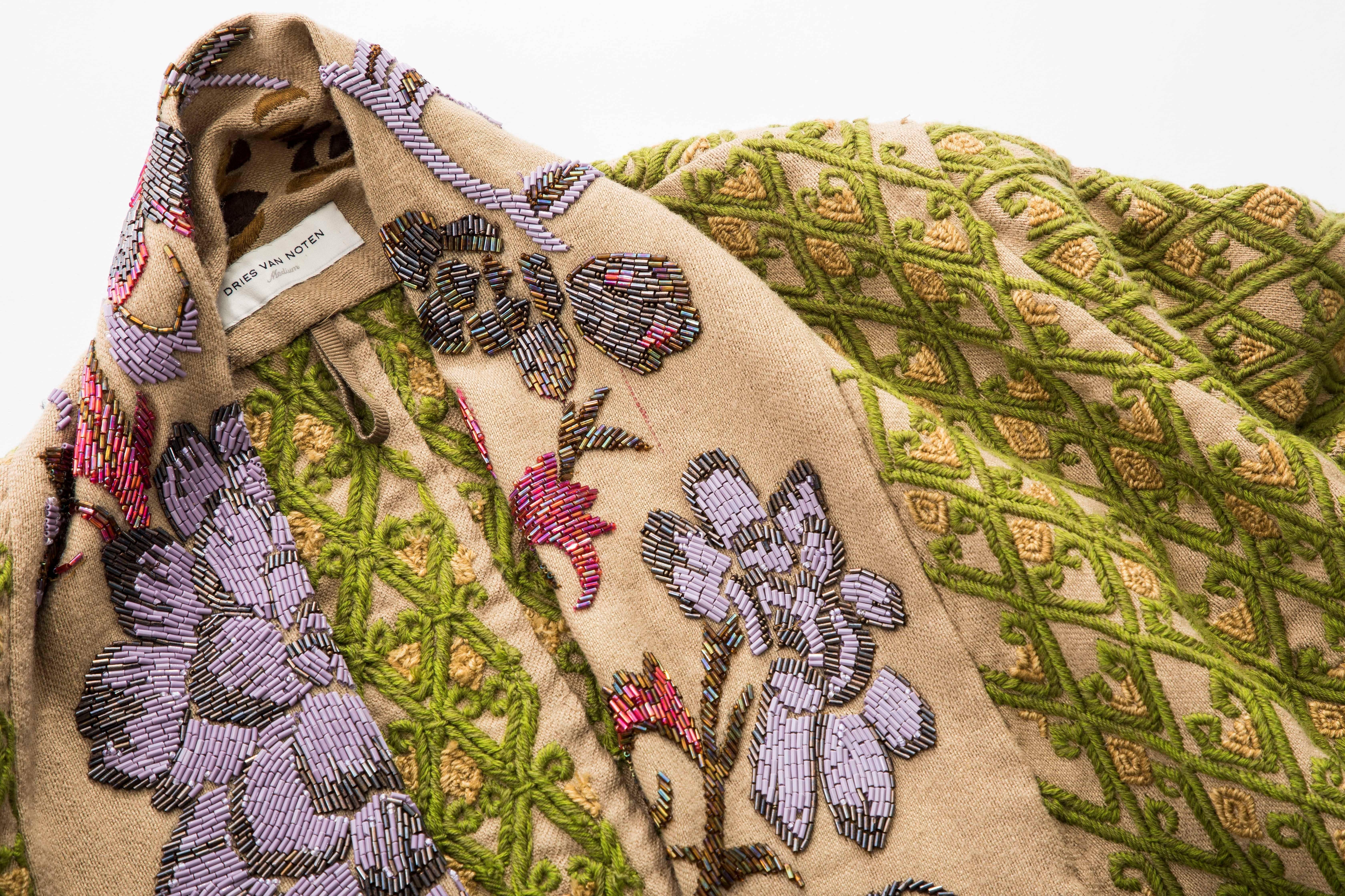Dries Van Noten Runway Hemp Wool Floral Embroidered Beaded Jacket, Fall 2003 9