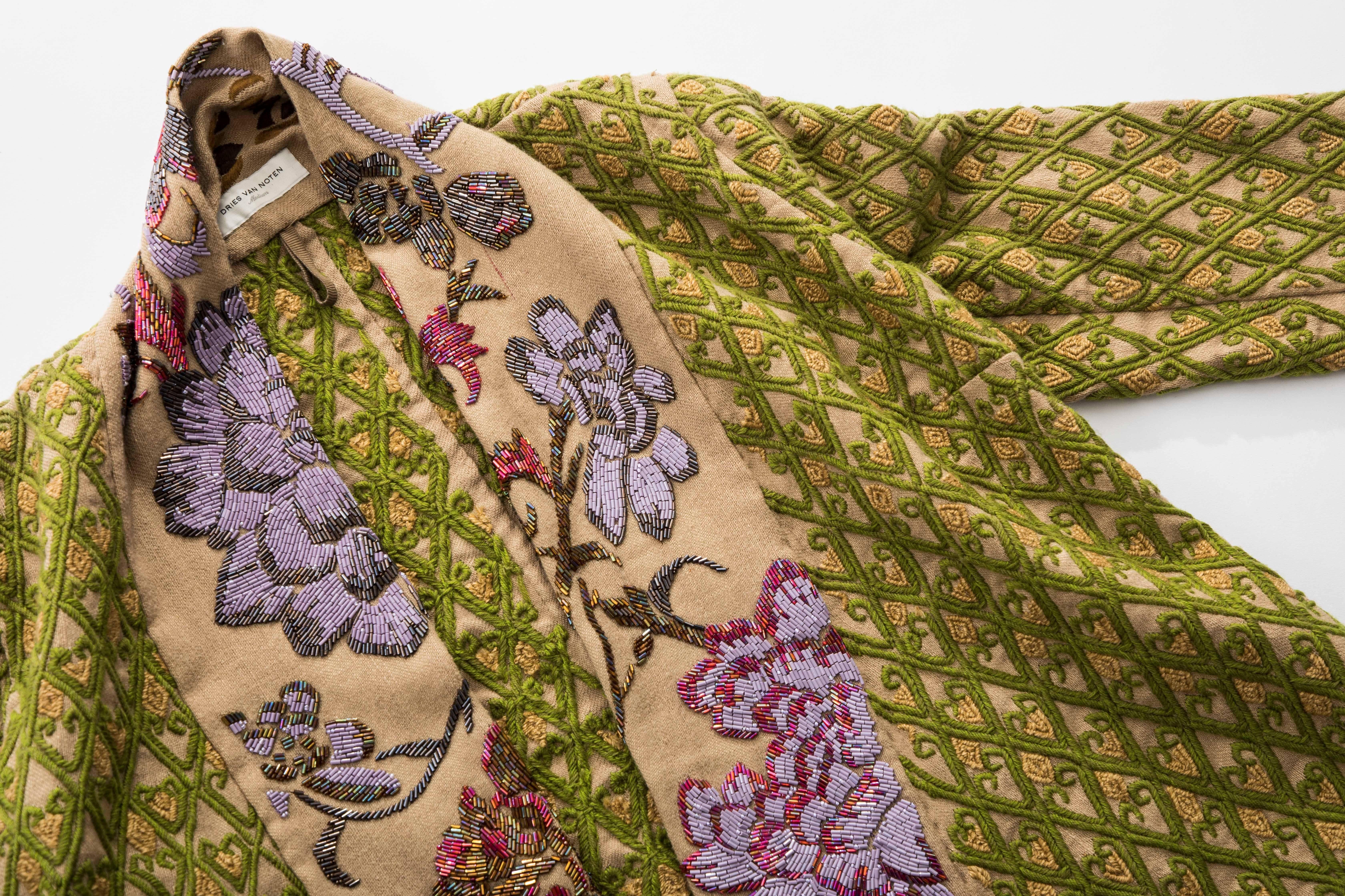 Dries Van Noten Runway Hemp Wool Floral Embroidered Beaded Jacket, Fall 2003 10