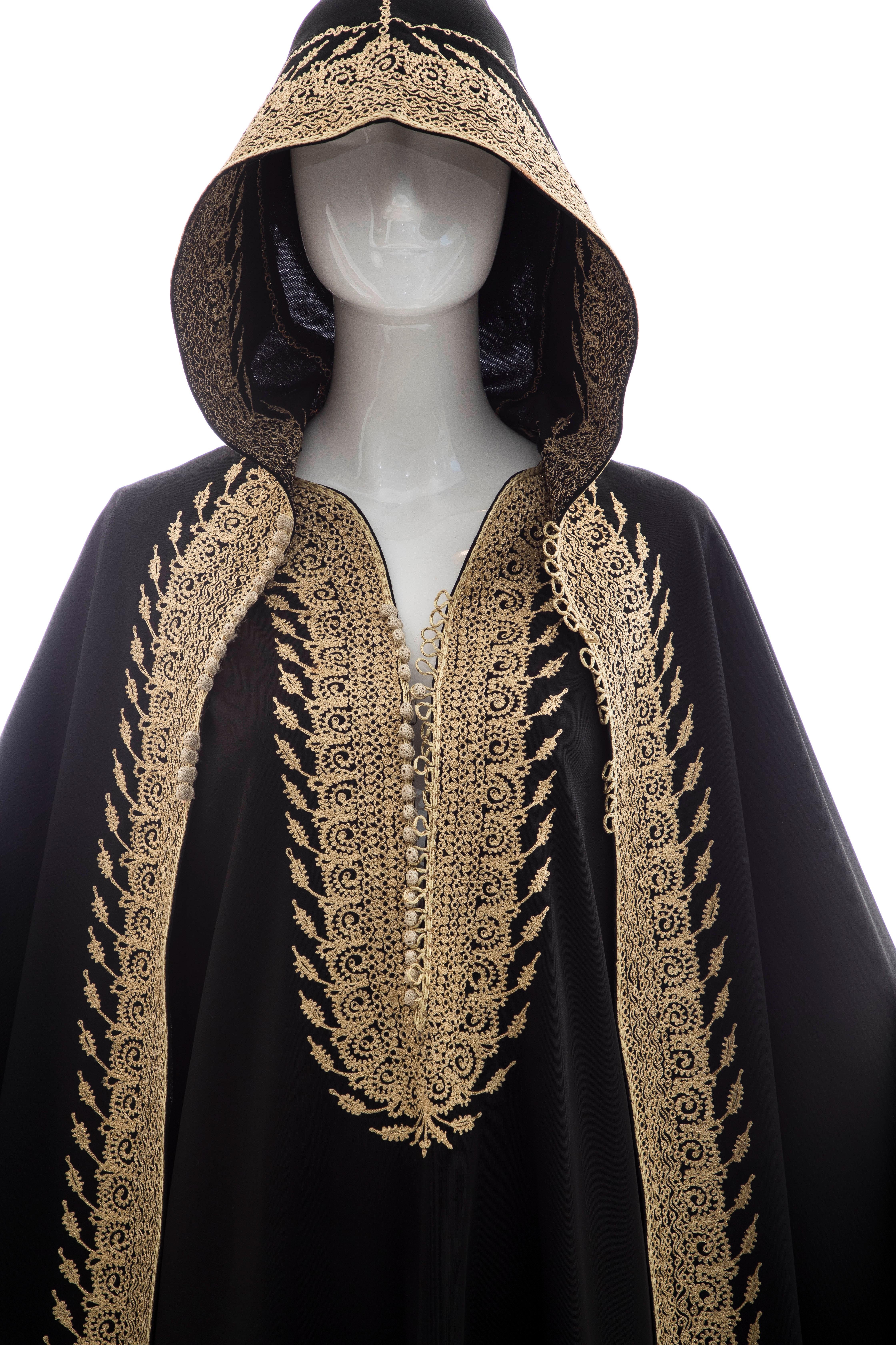 Moroccan Black Kaftan With Gold Embroidery Separate Hooded Cape, Circa 1970's In Excellent Condition In Cincinnati, OH