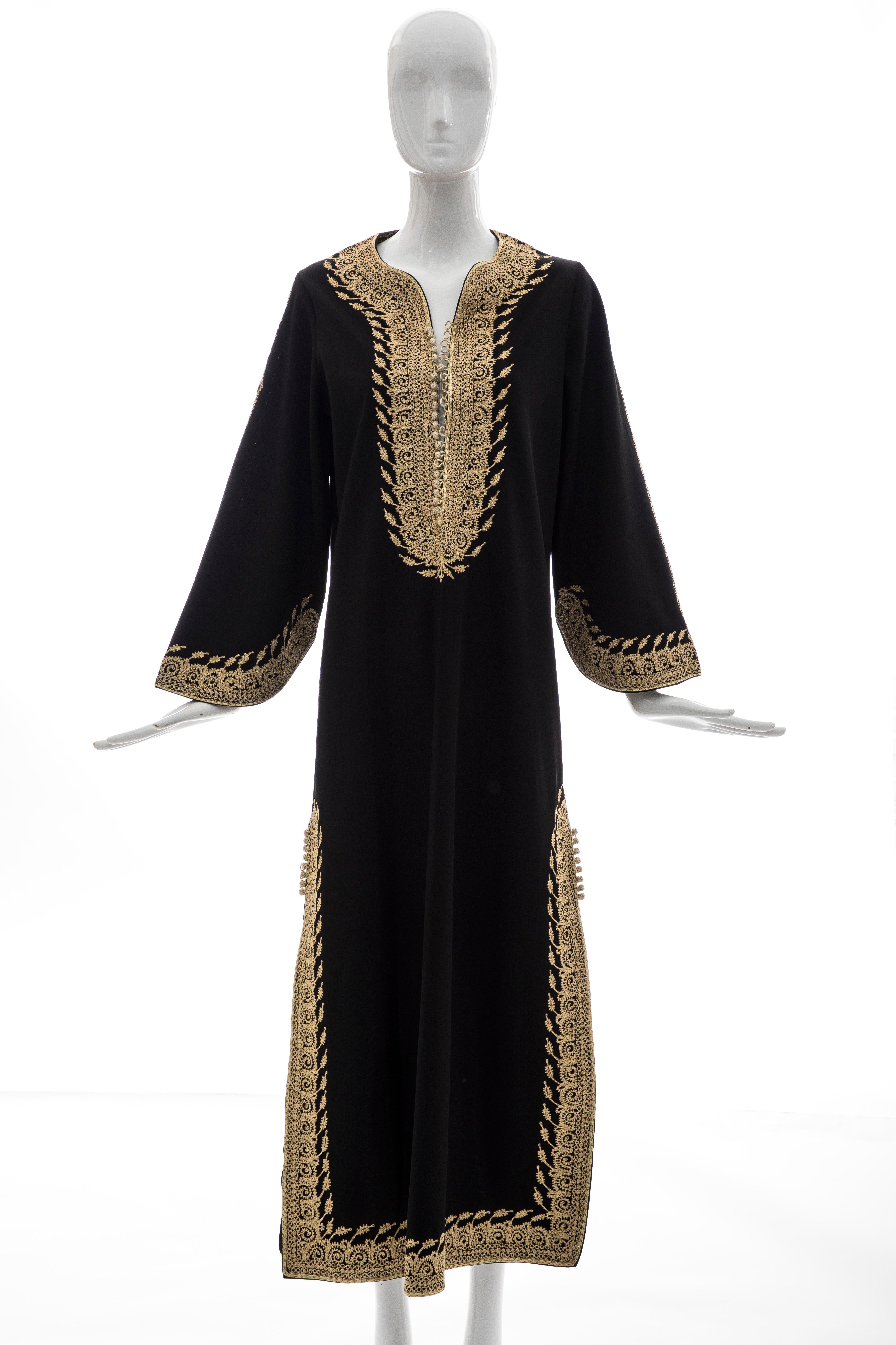 Moroccan Black Kaftan With Gold Embroidery Separate Hooded Cape, Circa 1970's 1