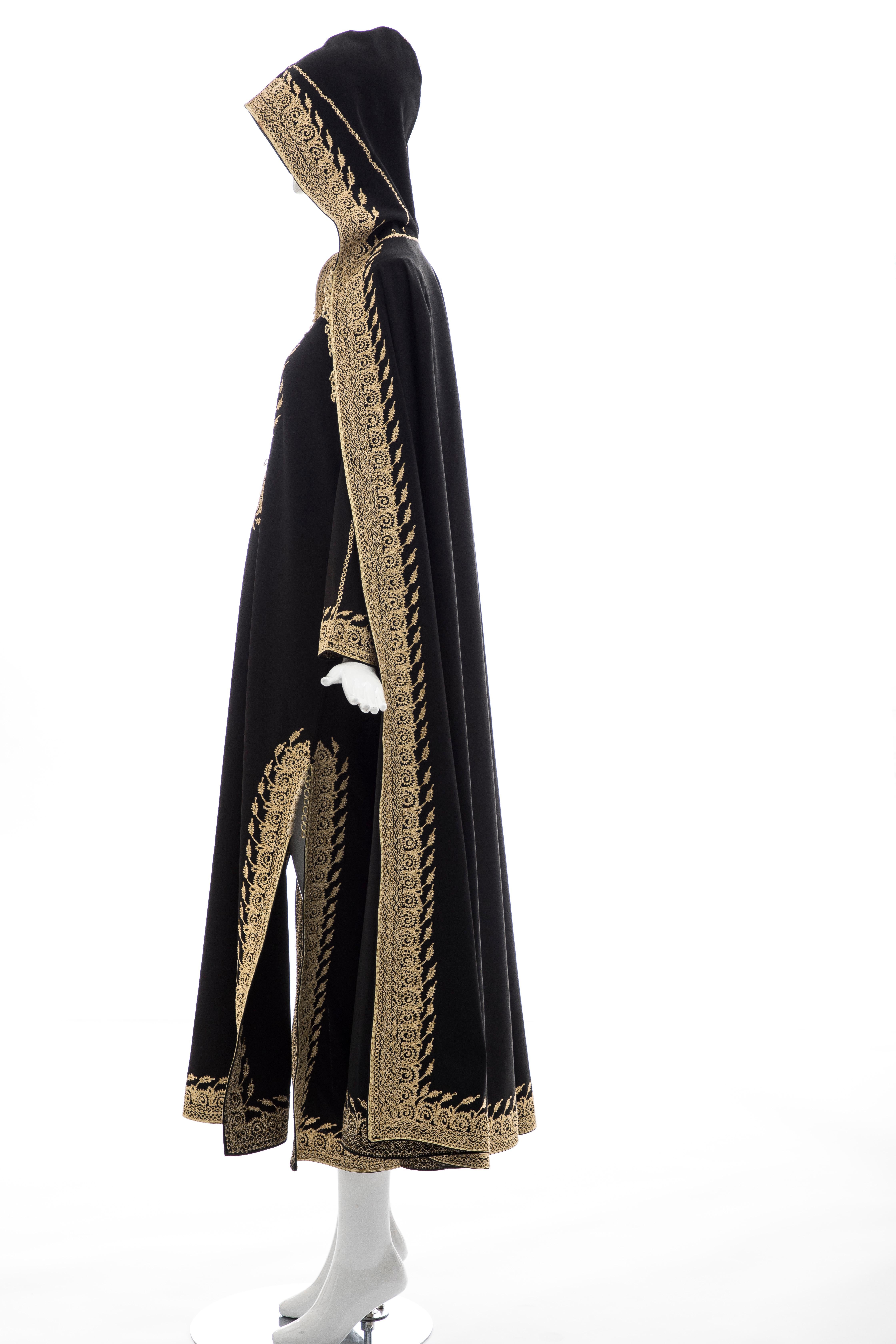 Women's Moroccan Black Kaftan With Gold Embroidery Separate Hooded Cape, Circa 1970's