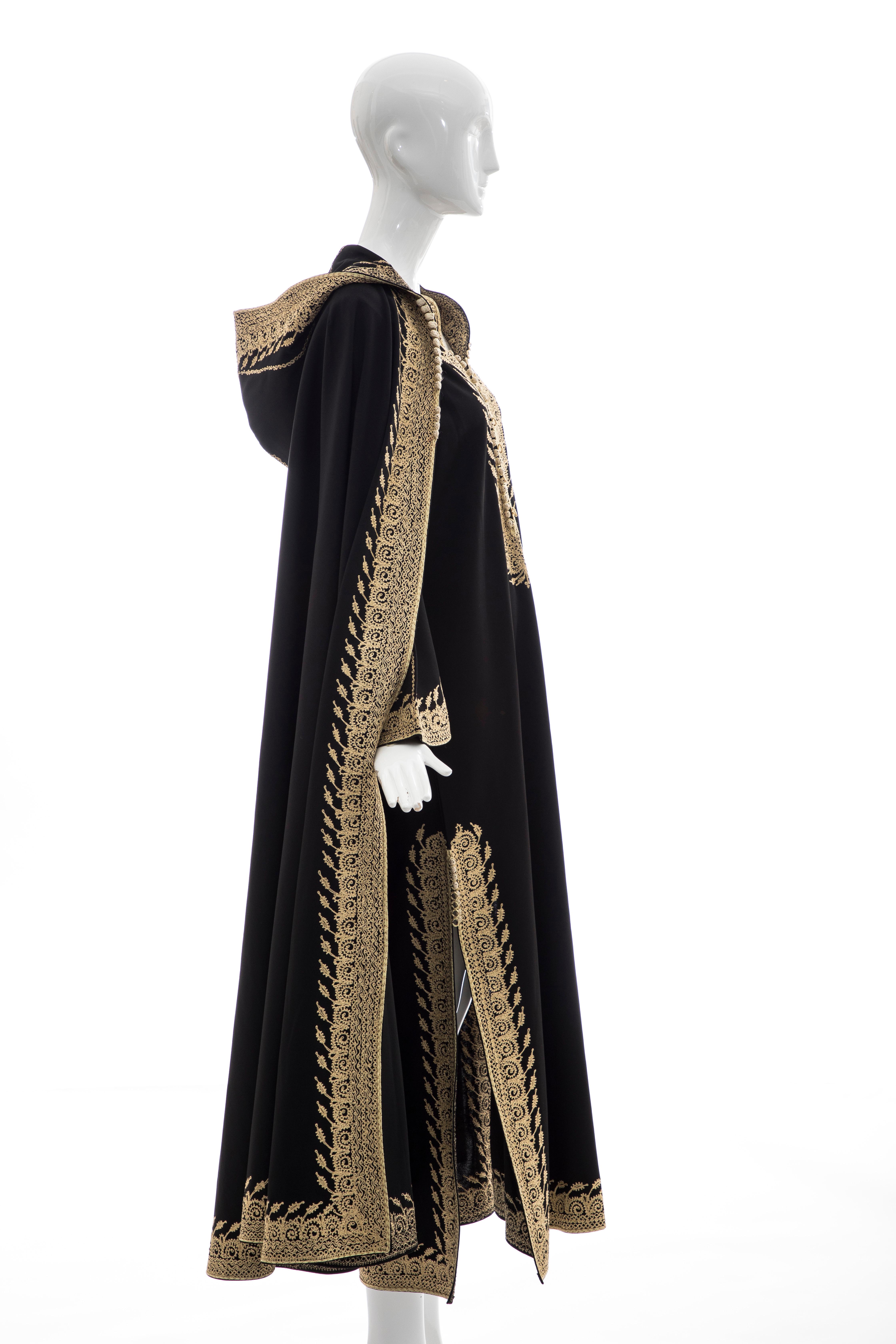 Moroccan Black Kaftan With Gold Embroidery Separate Hooded Cape, Circa 1970's 4