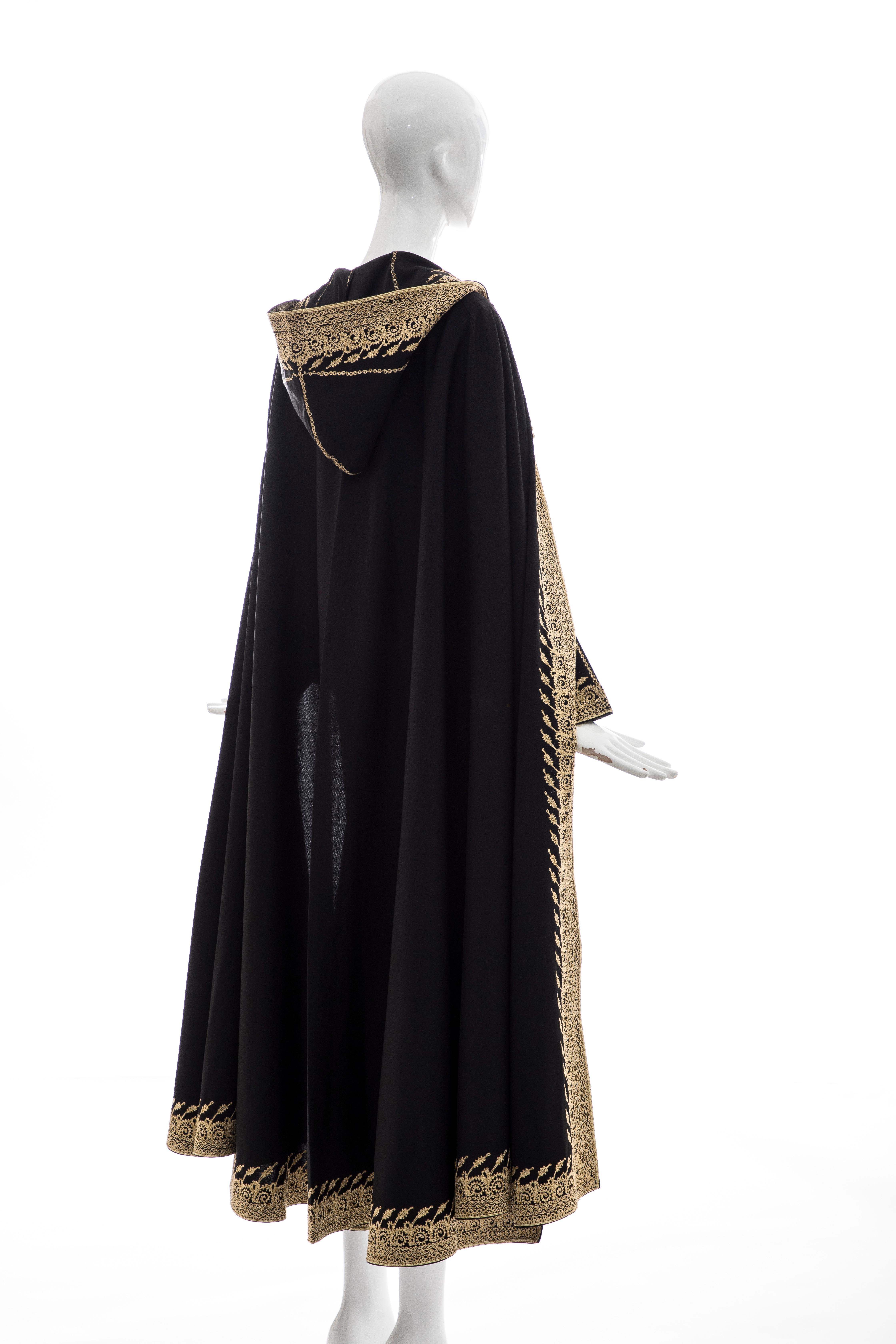 Moroccan Black Kaftan With Gold Embroidery Separate Hooded Cape, Circa 1970's 5