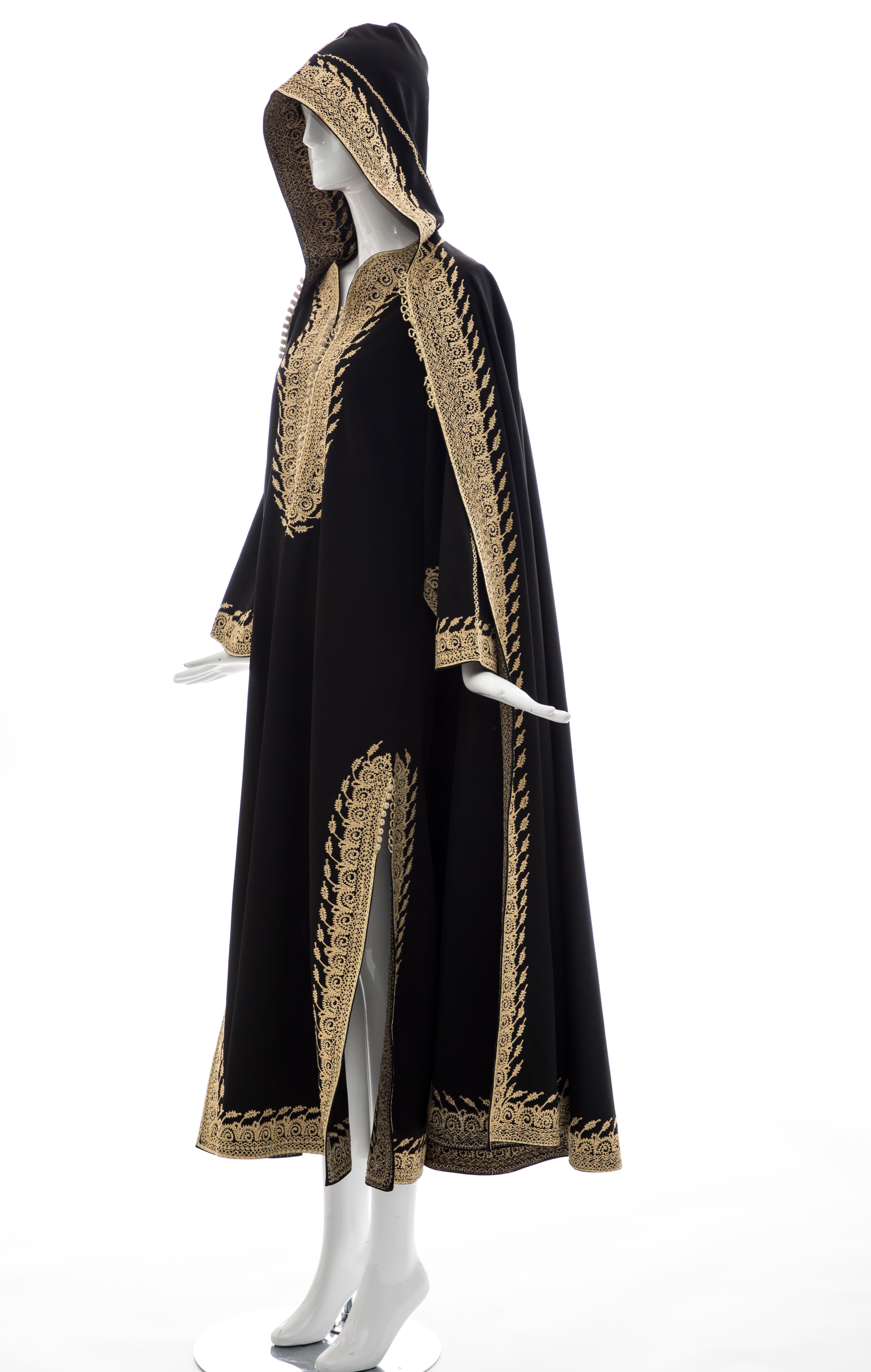 Moroccan Black Kaftan With Gold Embroidery Separate Hooded Cape, Circa 1970's 6