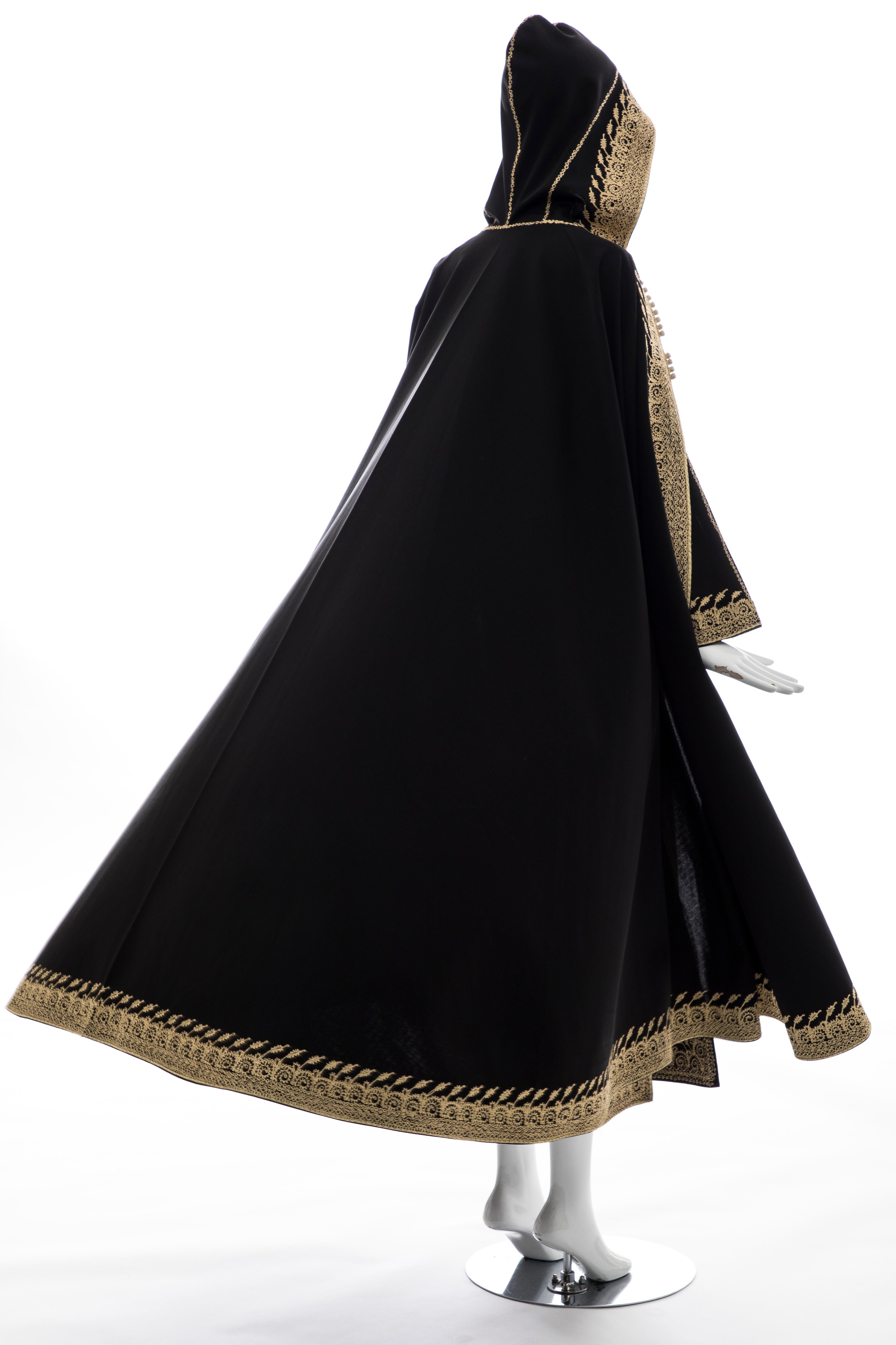 Moroccan Black Kaftan With Gold Embroidery Separate Hooded Cape, Circa 1970's 7