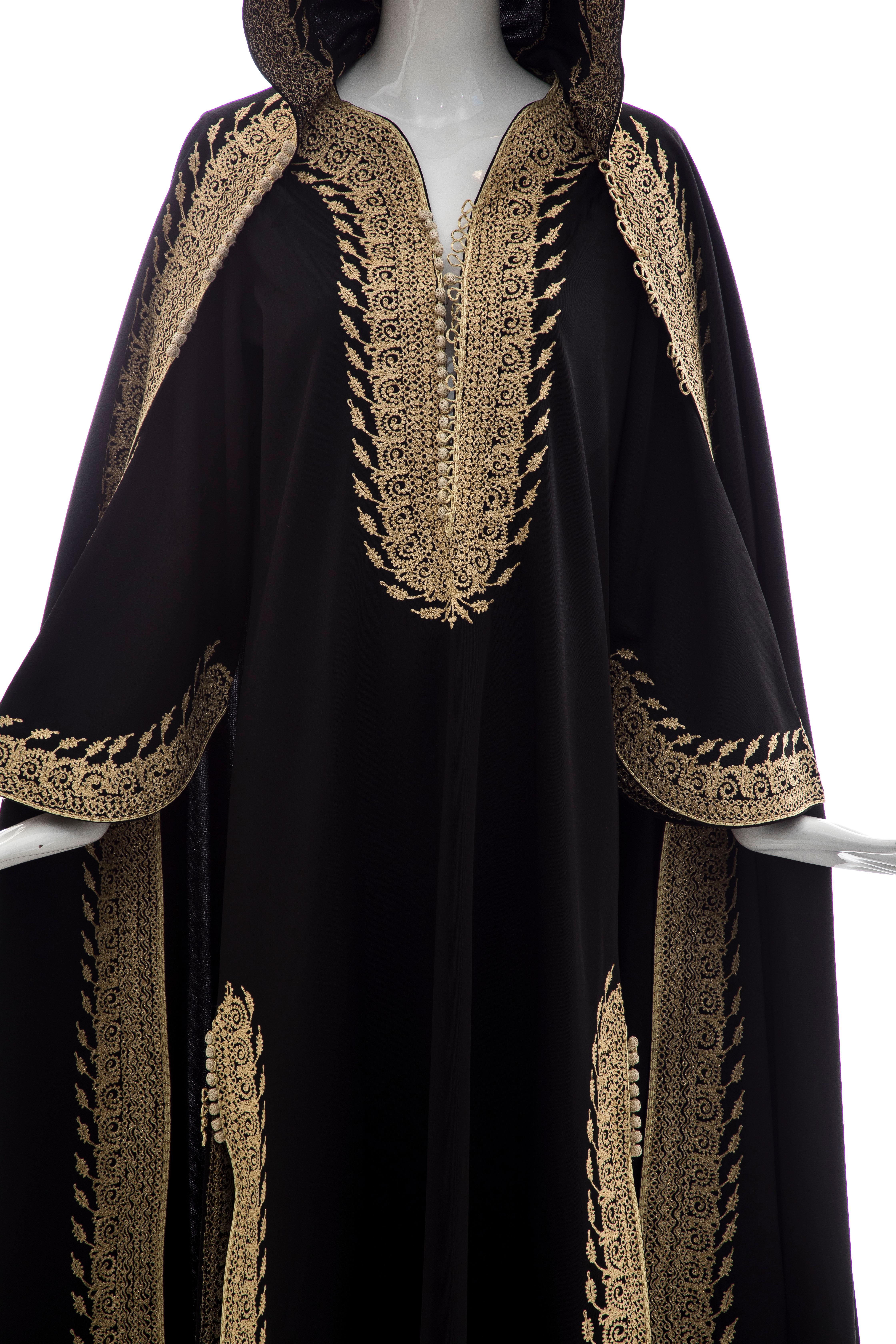 Moroccan Black Kaftan With Gold Embroidery Separate Hooded Cape, Circa 1970's 8