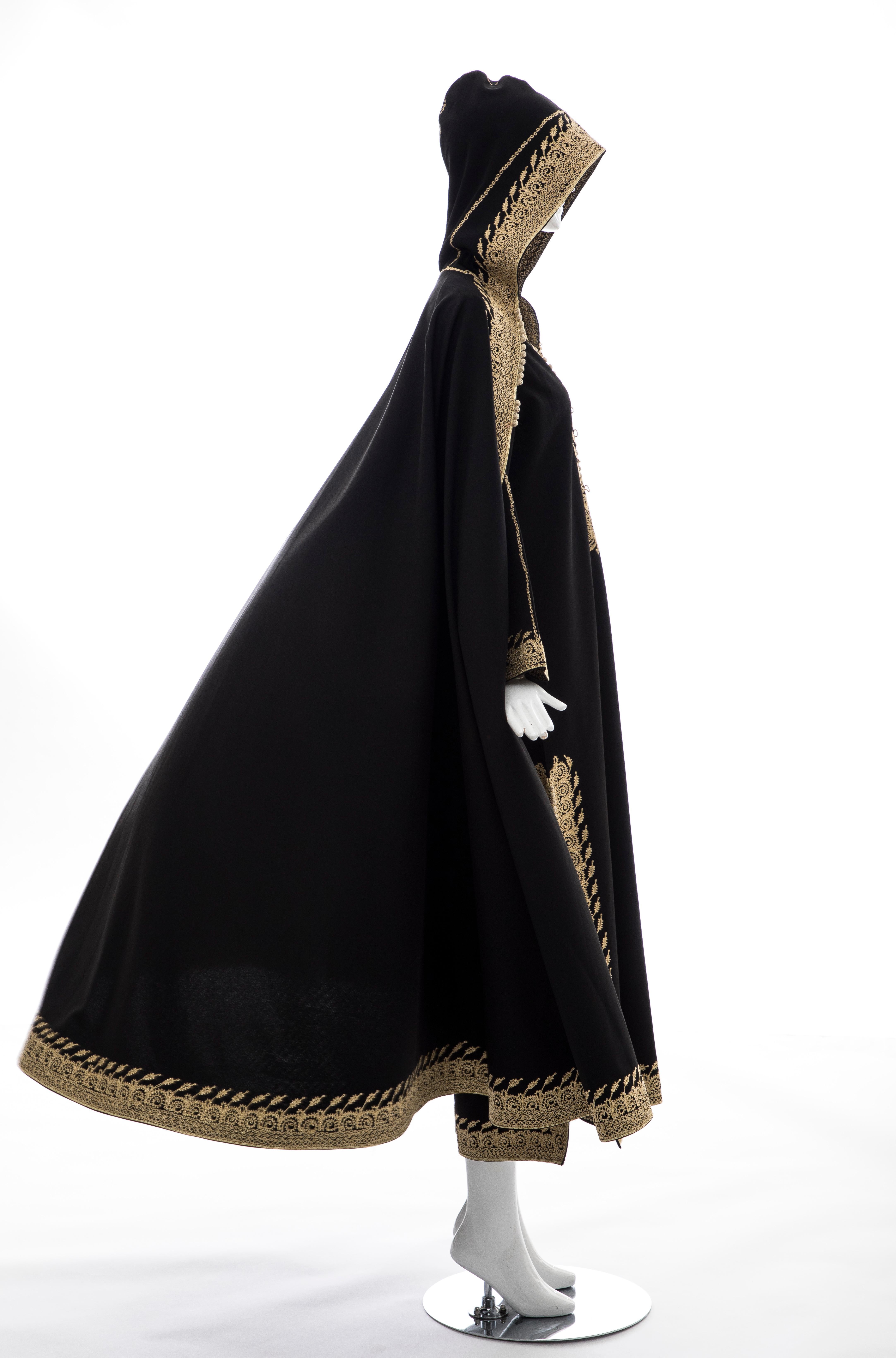 Moroccan Black Kaftan With Gold Embroidery Separate Hooded Cape, Circa 1970's 9