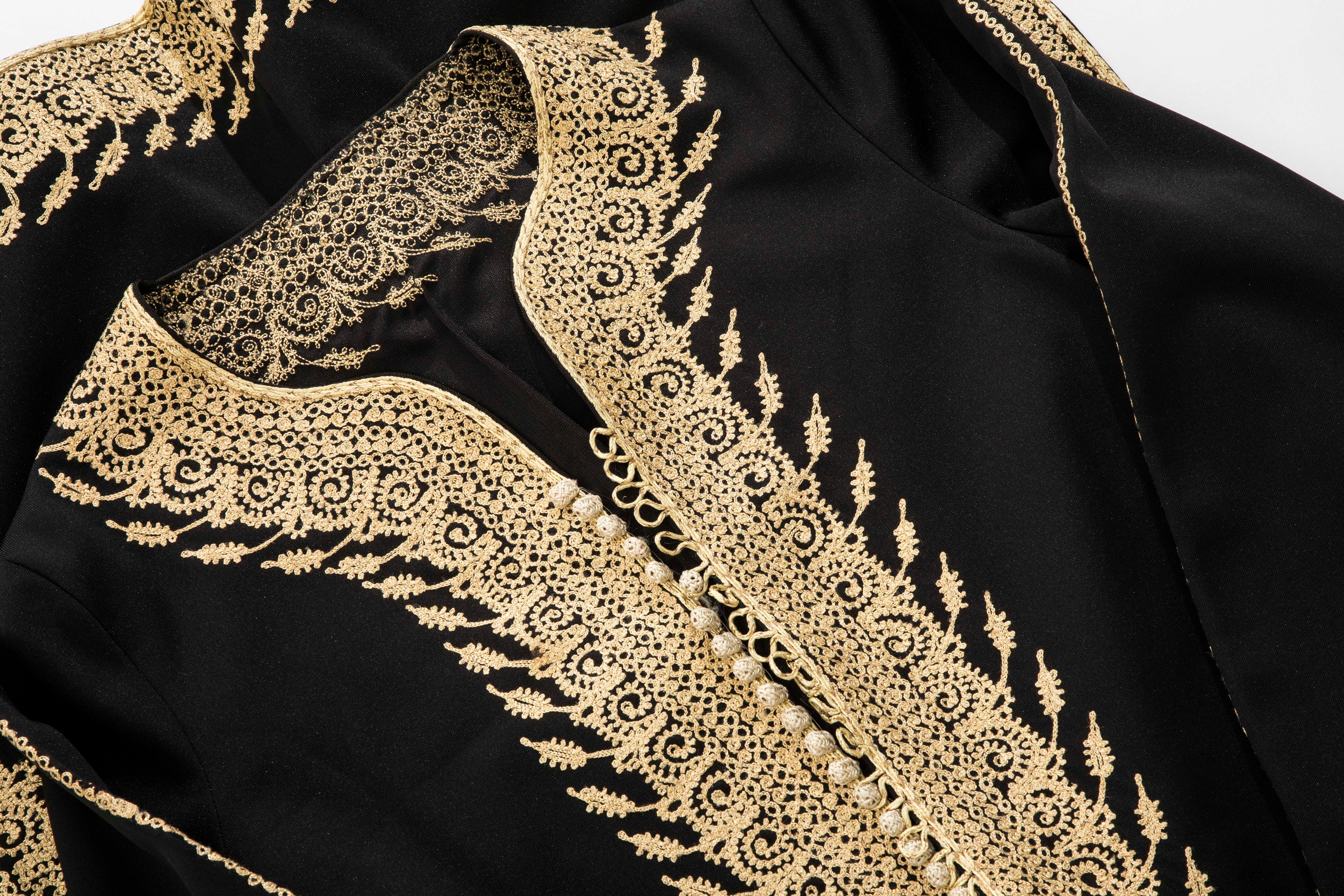Moroccan Black Kaftan With Gold Embroidery Separate Hooded Cape, Circa 1970's 11