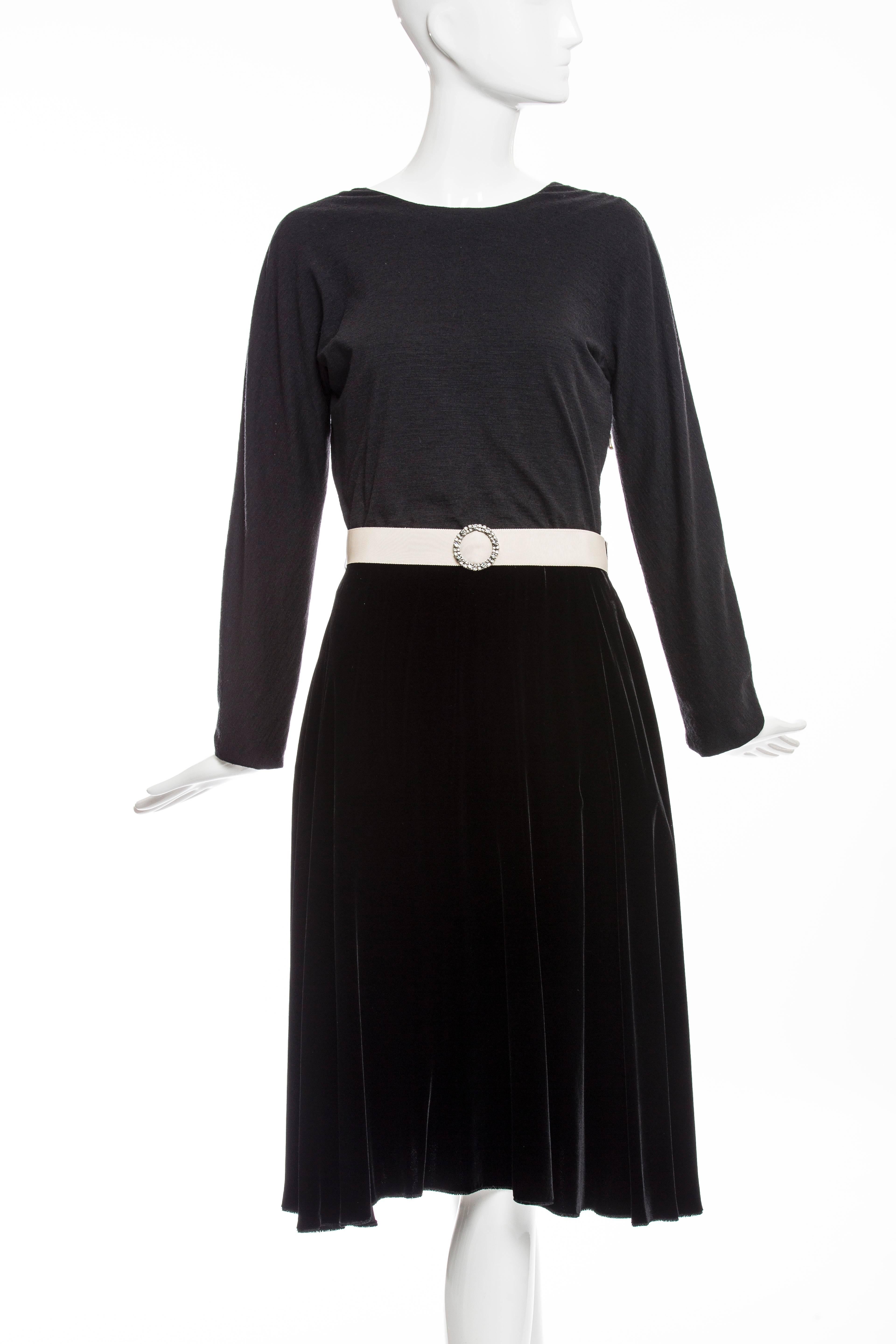 Lanvin, Fall 2006 dress, black silk velvet circular skirt with wool jersey bodice, scoop back, side zip with grosgrain ribbon belt and embellished buckle.

US. 6