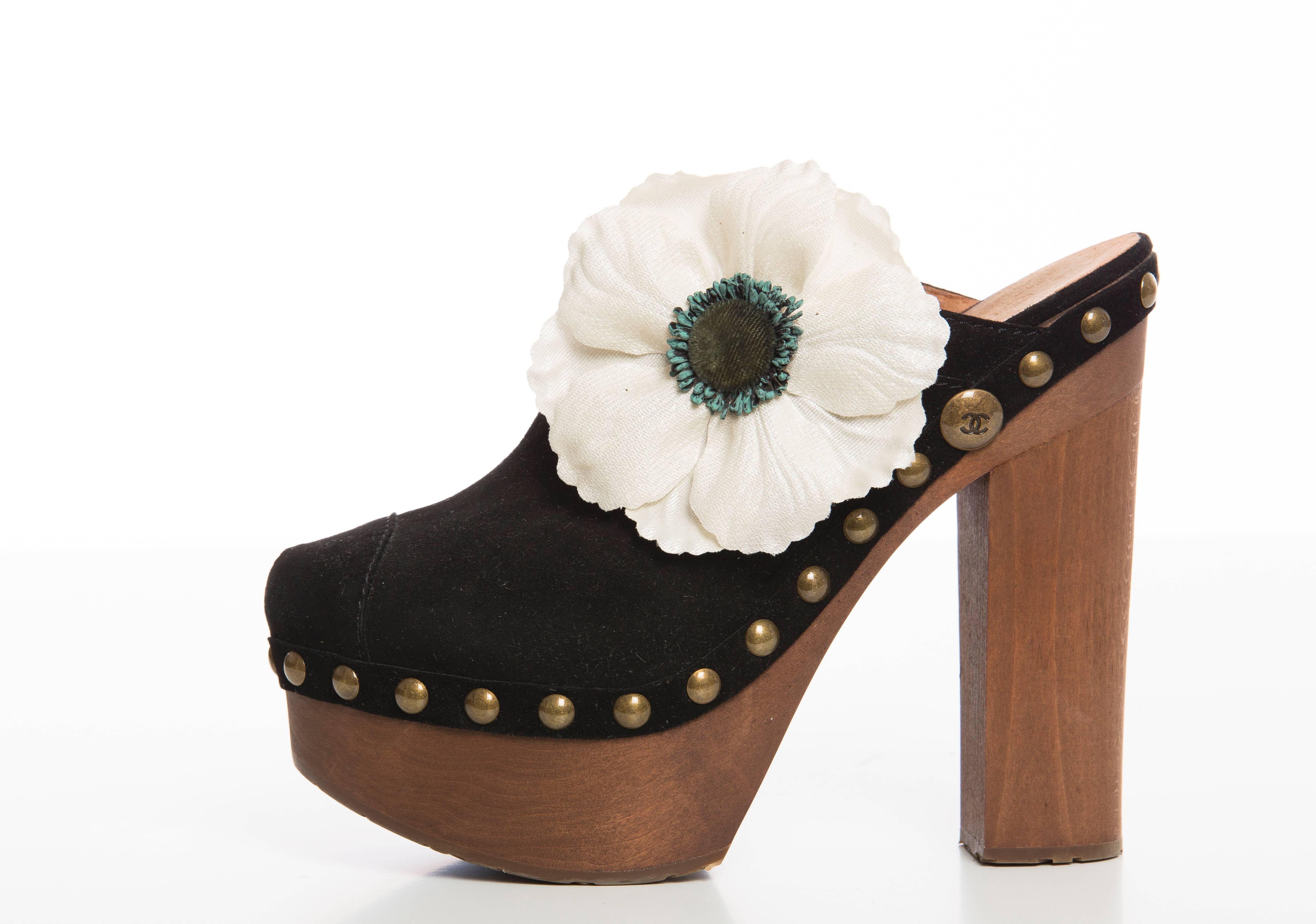 Chanel, Spring - Summer 2010 black suede and wood clogs with bronze studs and large appliqué camelia flower detail. New with box.