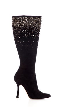 Oscar De La Renta Black Suede Embellished Boots, Fall 2006
