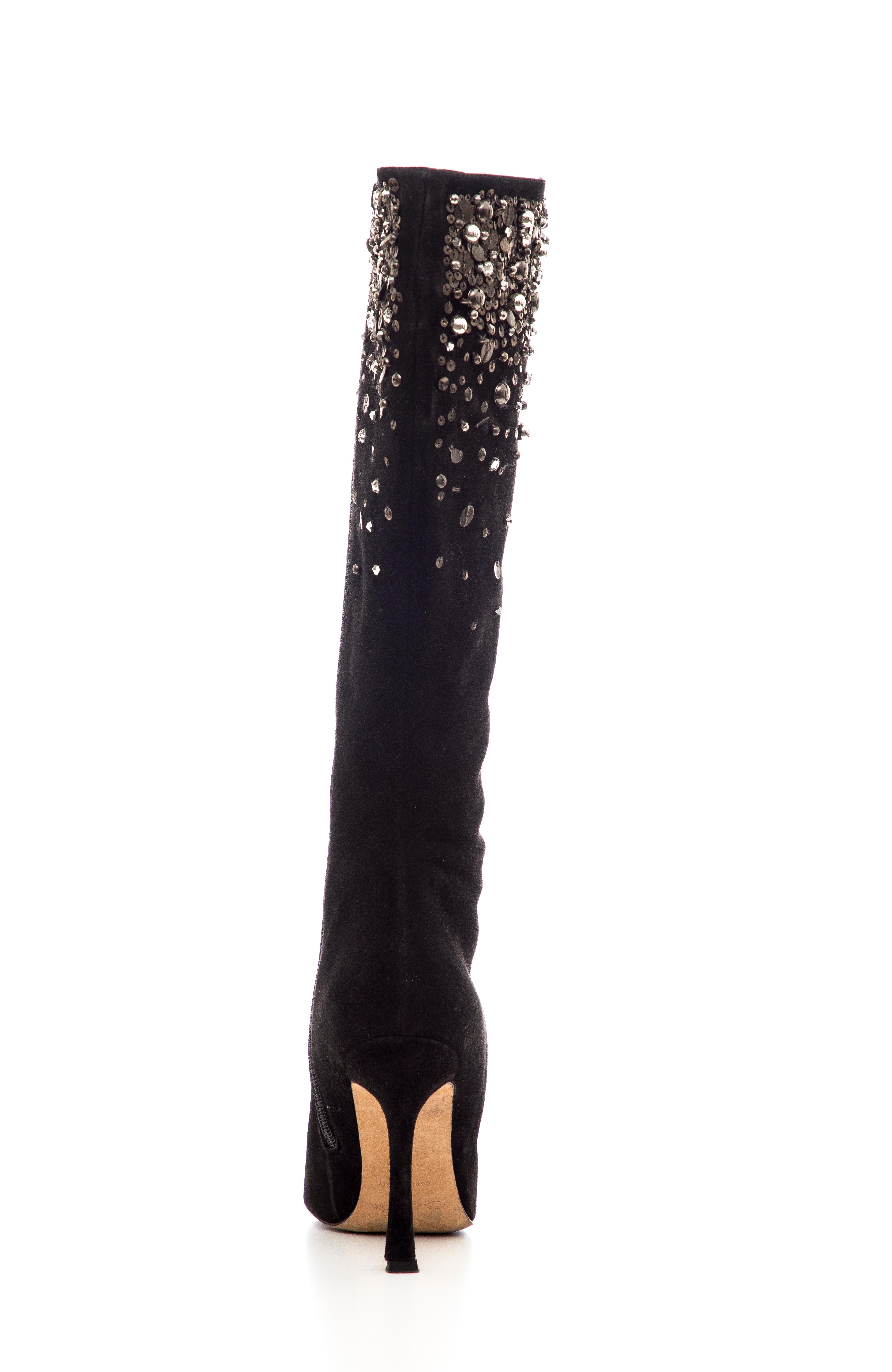 Women's Oscar De La Renta Black Suede Embellished Boots, Fall 2006 For Sale