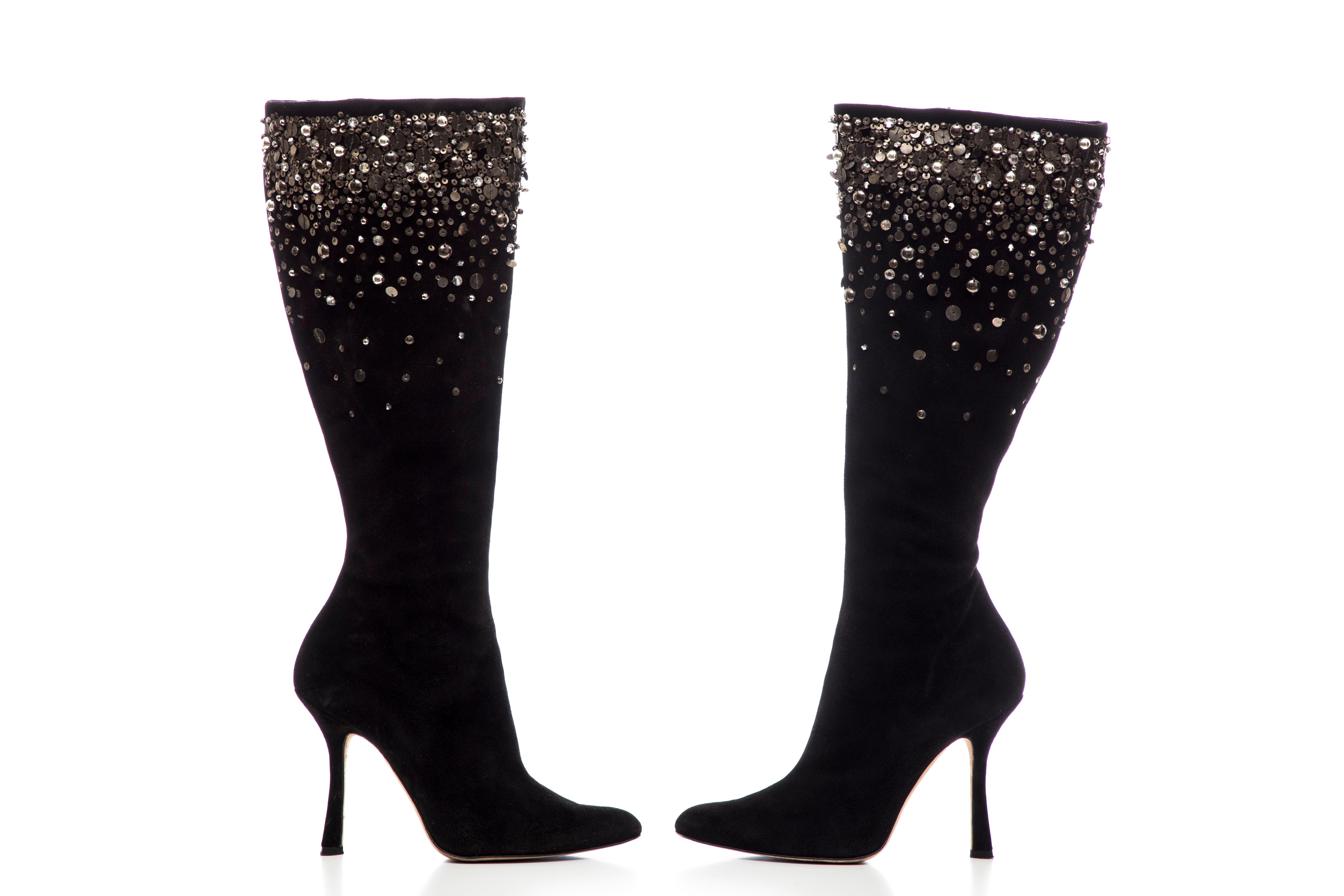 Oscar De La Renta Black Suede Embellished Boots, Fall 2006 For Sale 9