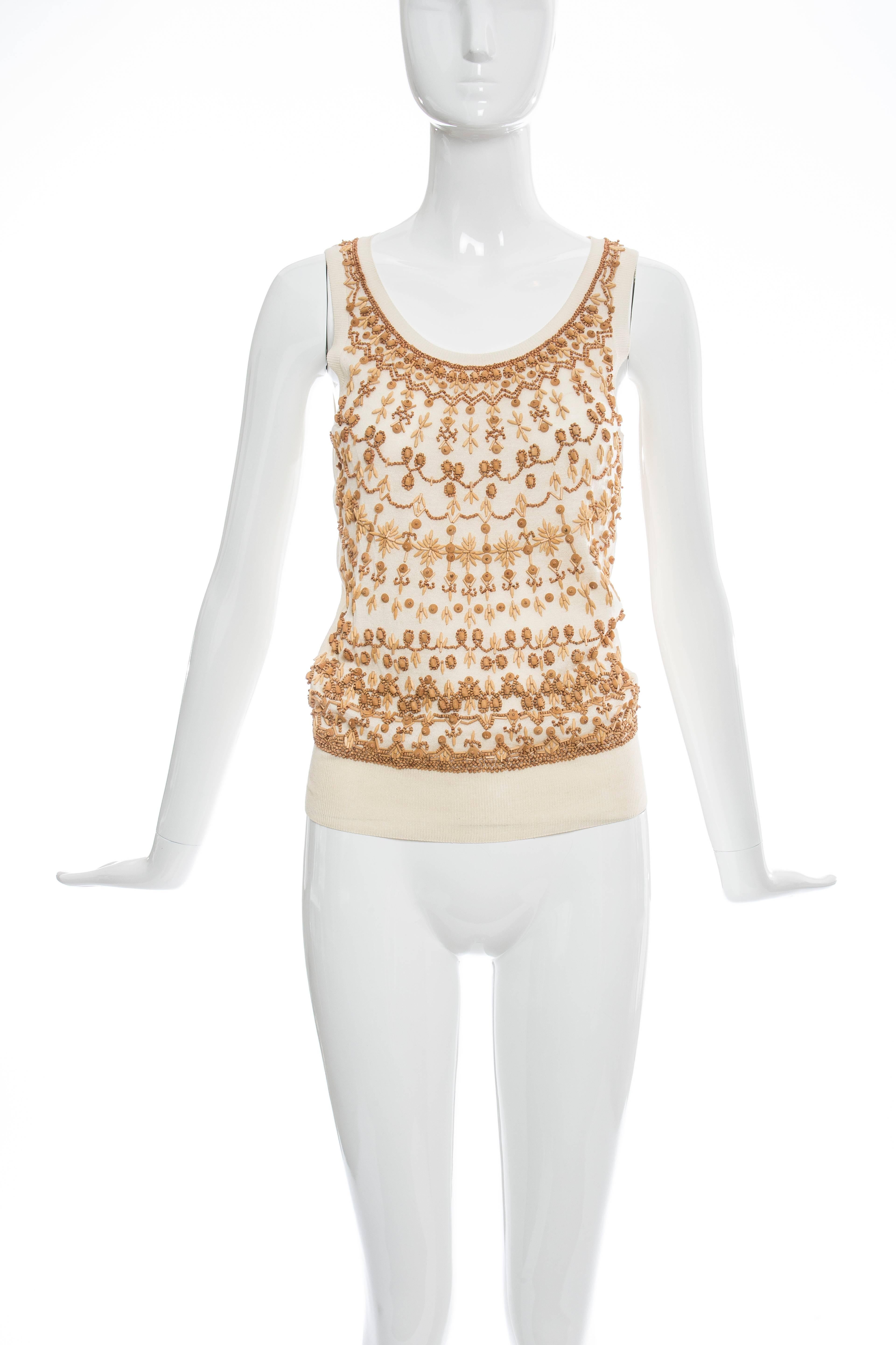 Alexander McQueen, Spring 2006 cream cotton silk  knit sleeveless tank with embroidered wood beading.

US. 6