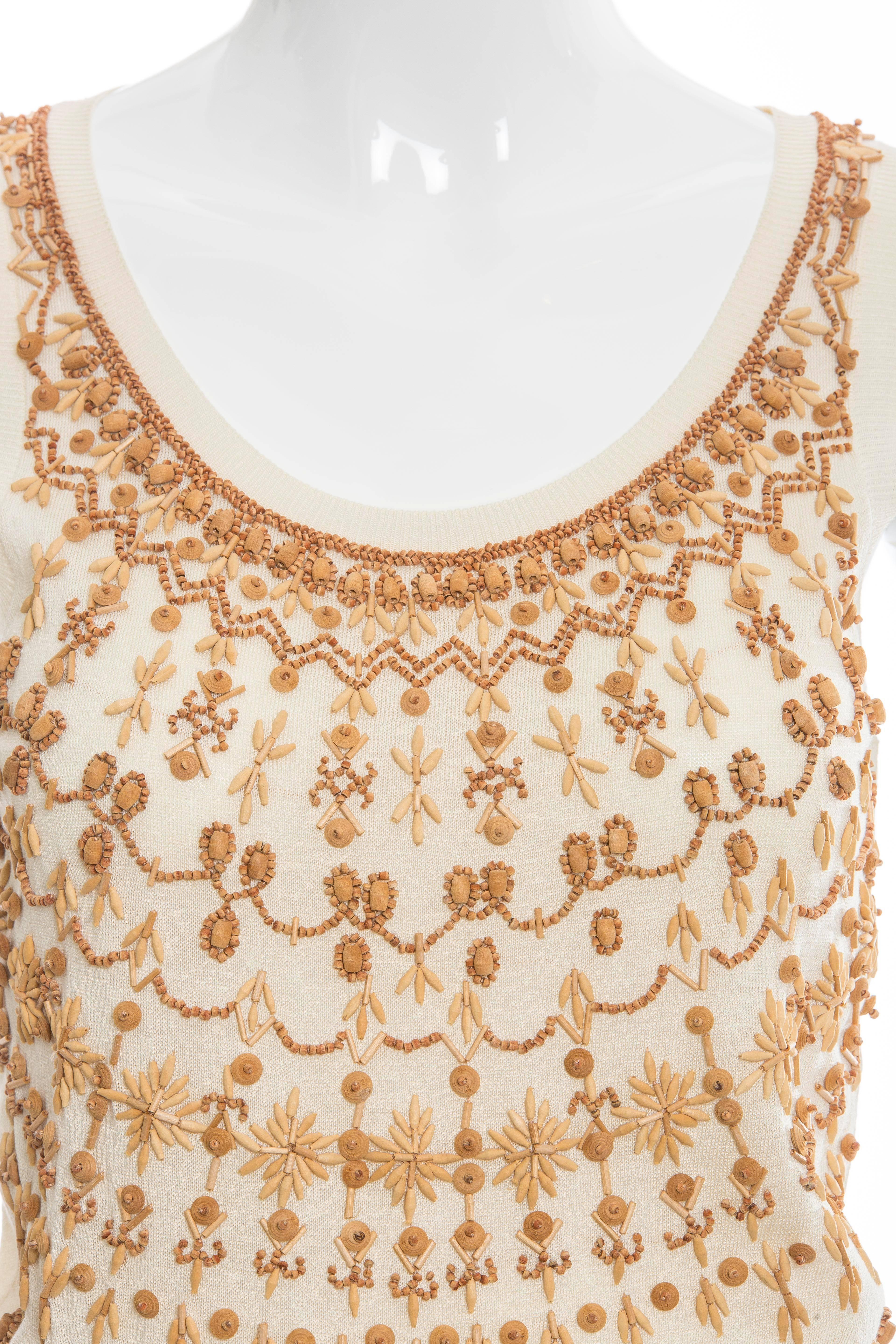 Women's Alexander McQueen Cream Cotton Silk Tank Embroidered Wood Beading, Spring 2006 For Sale