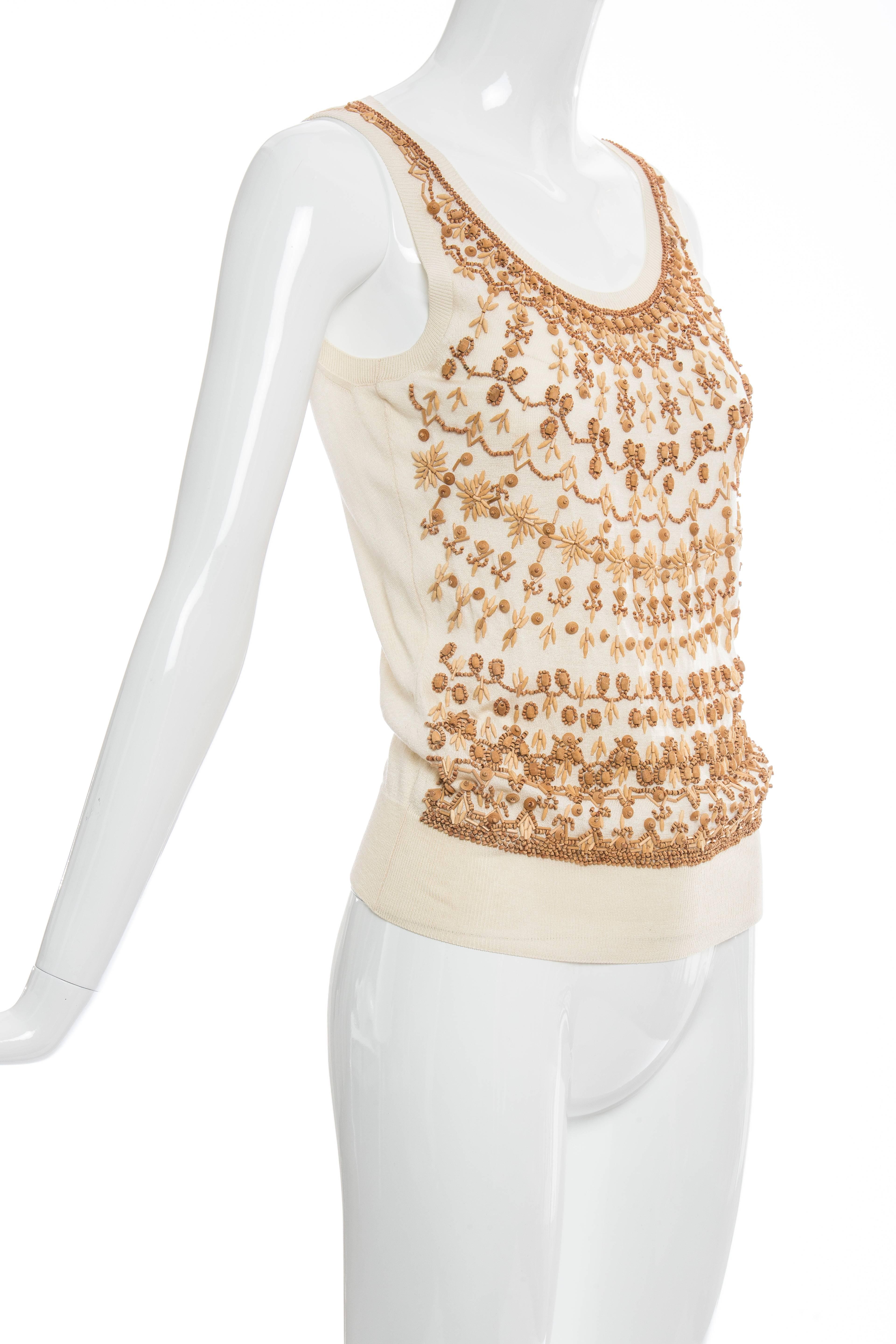 Beige Alexander McQueen Cream Cotton Silk Tank Embroidered Wood Beading, Spring 2006 For Sale