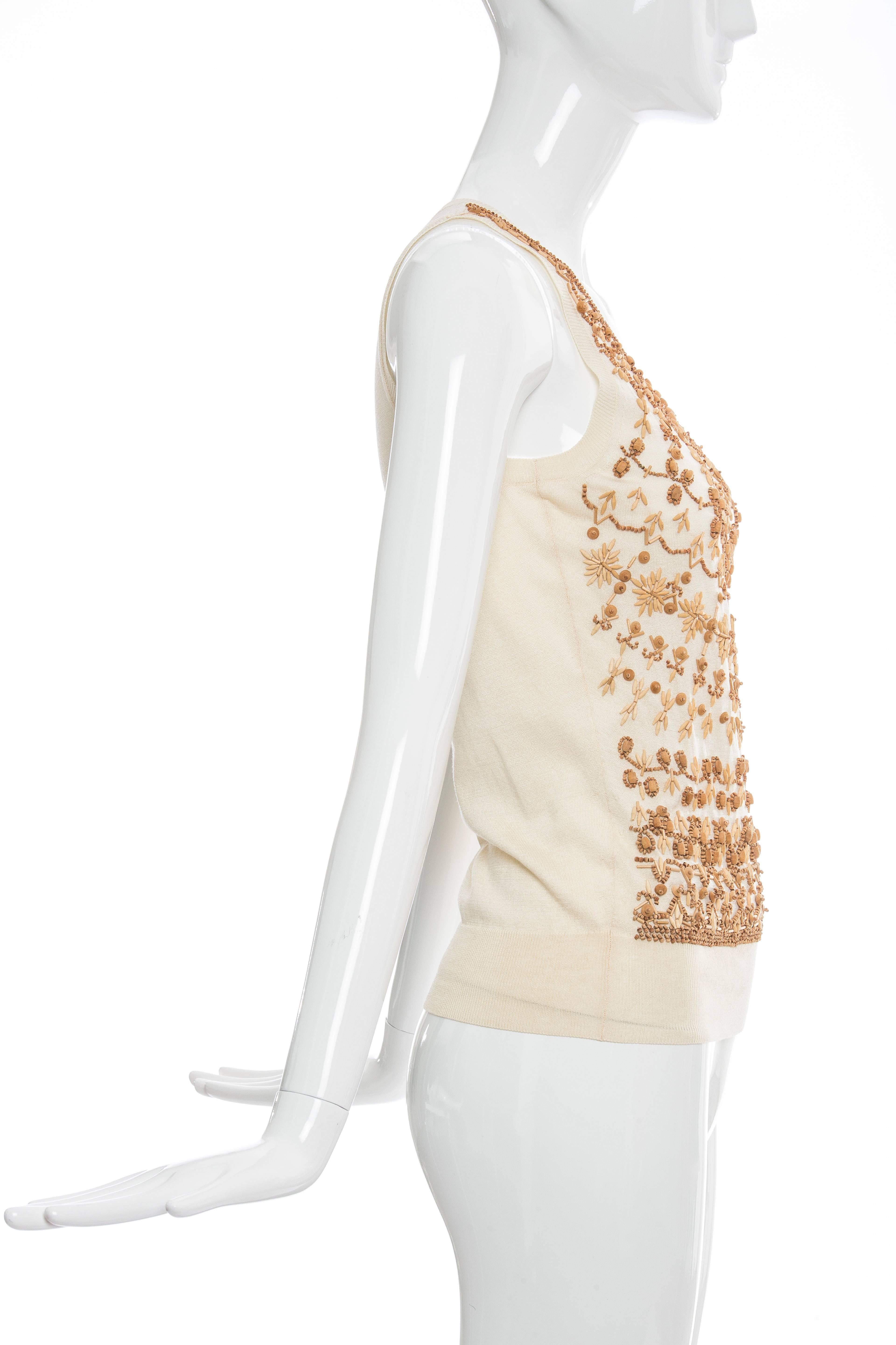 Alexander McQueen Cream Cotton Silk Tank Embroidered Wood Beading, Spring 2006 In New Condition For Sale In Cincinnati, OH