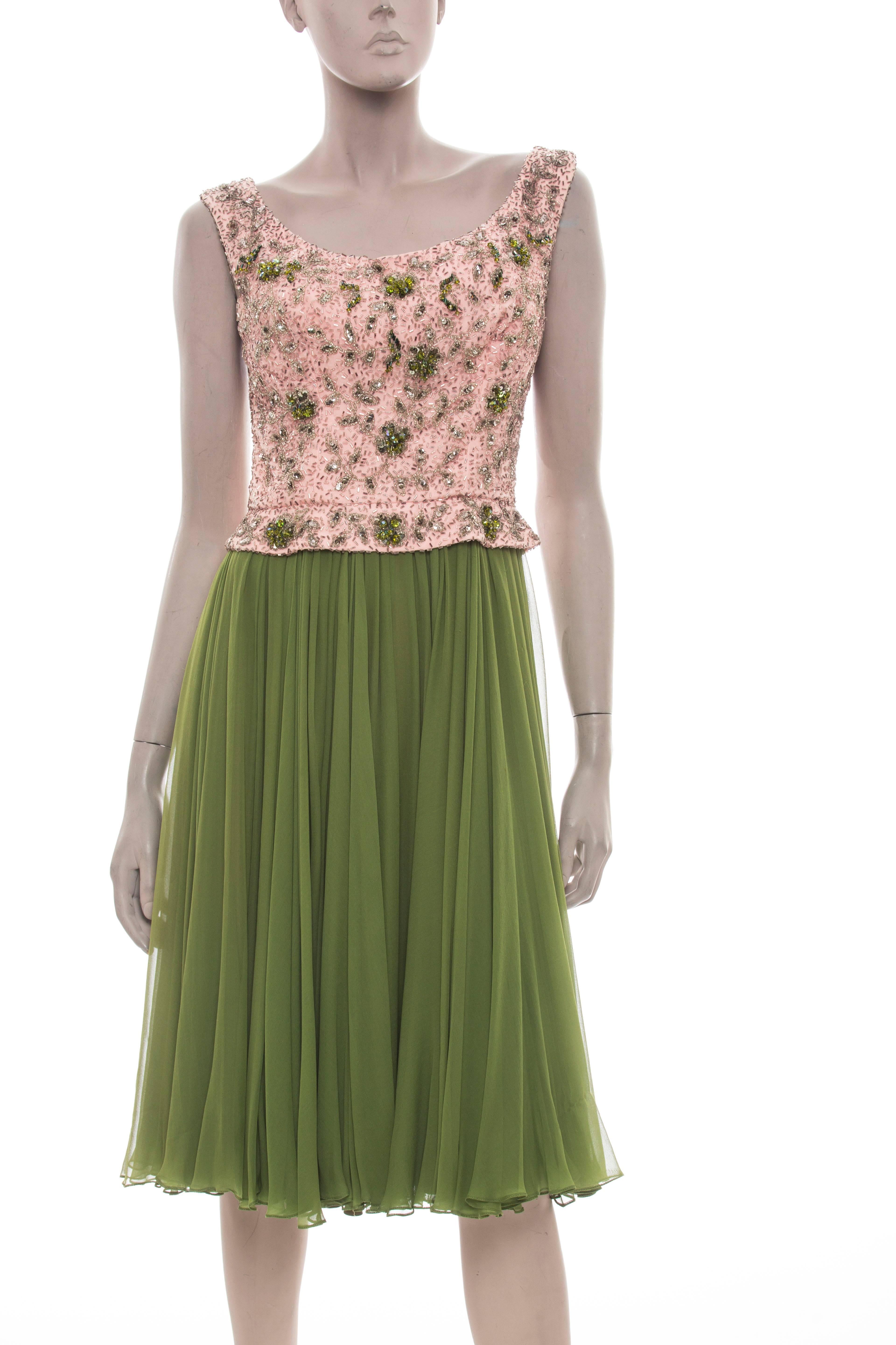 Pat Sandler for Highlight, circa 1960's dress, beaded bodice with pleated silk chiffon skirt, back zip and fully lined.