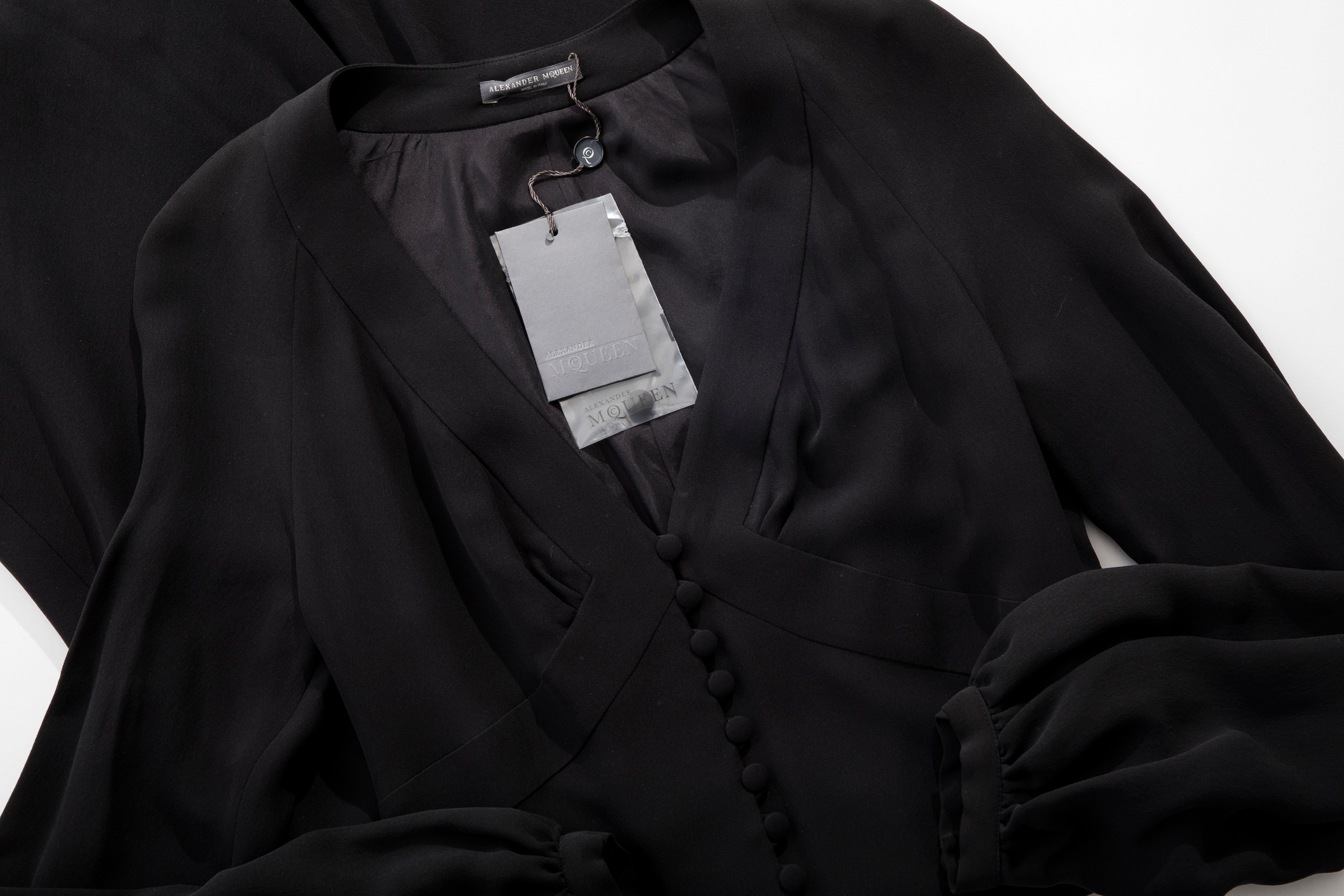 Alexander McQueen Black Silk Button Front Long Sleeve Dress, Spring 2007  For Sale 7