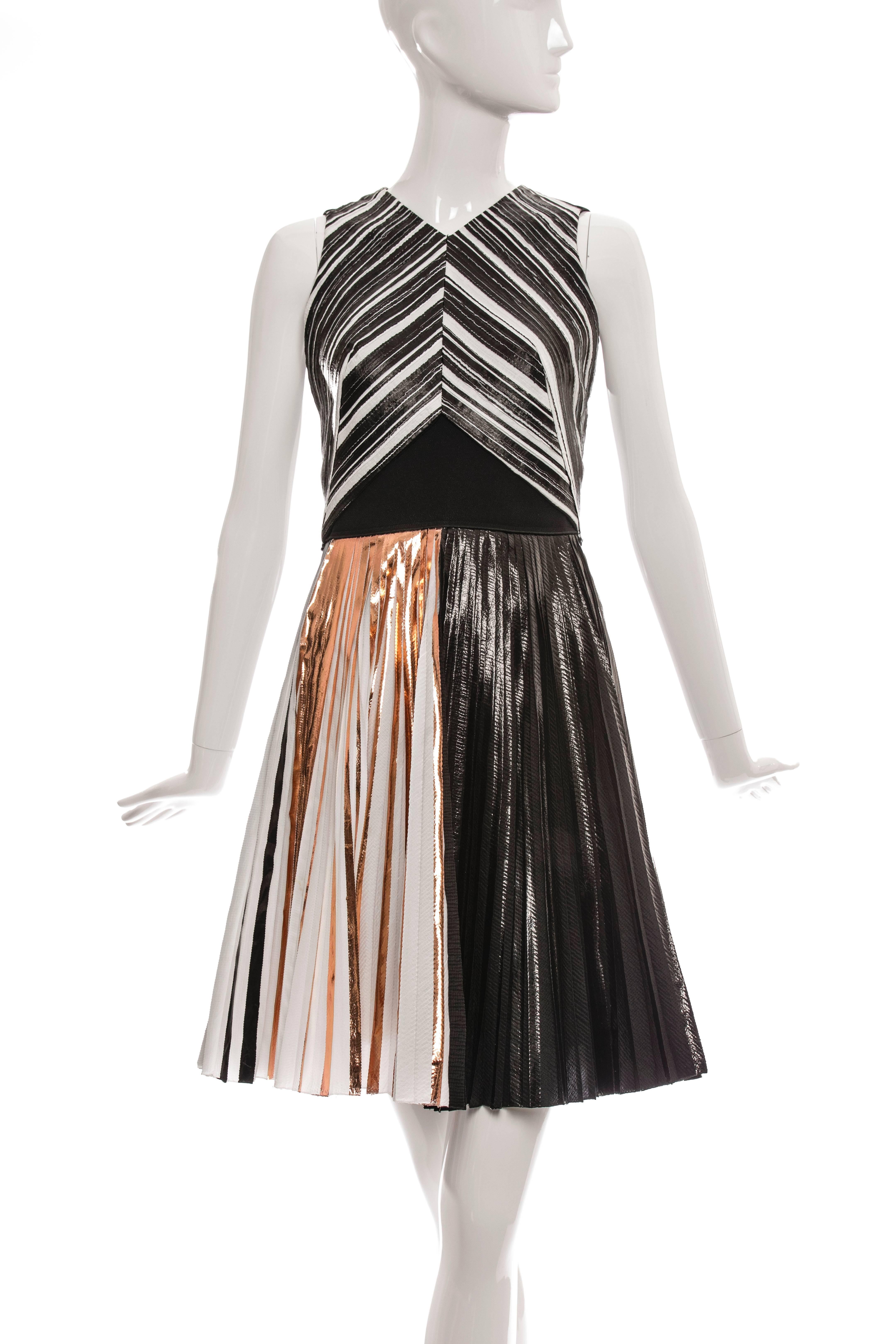 Proenza Schouler Spring-Summer 2014, black and multicolor sleeveless, crystal pleated dress with V-neck, striped print throughout and concealed zip closure at center back.

US. 2
Bust 28”, Waist 32”, Hip 32”, Length 36”