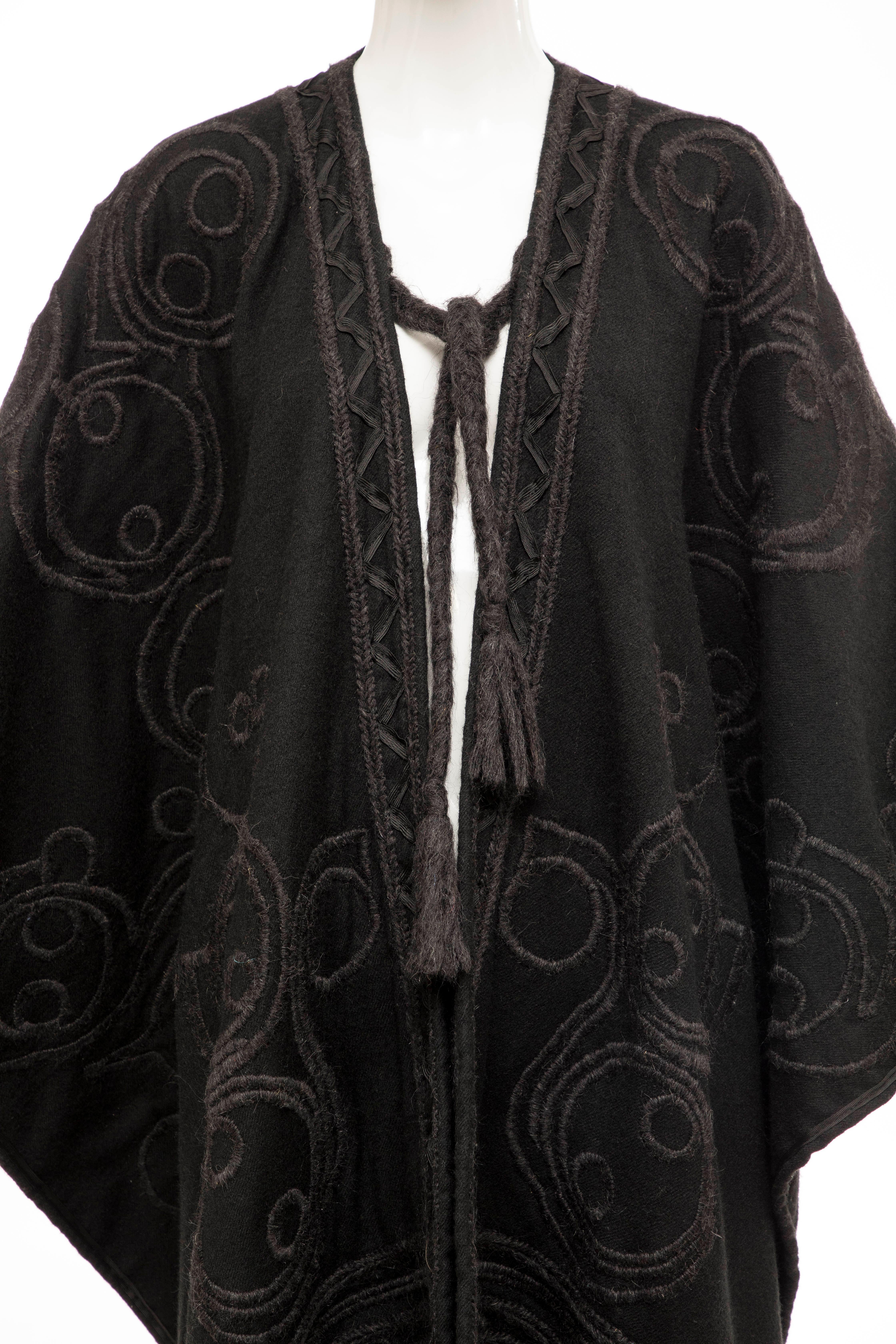 Women's Dries Van Noten Runway Black Wool Embroidered Fringe Cape, Fall 2002 For Sale
