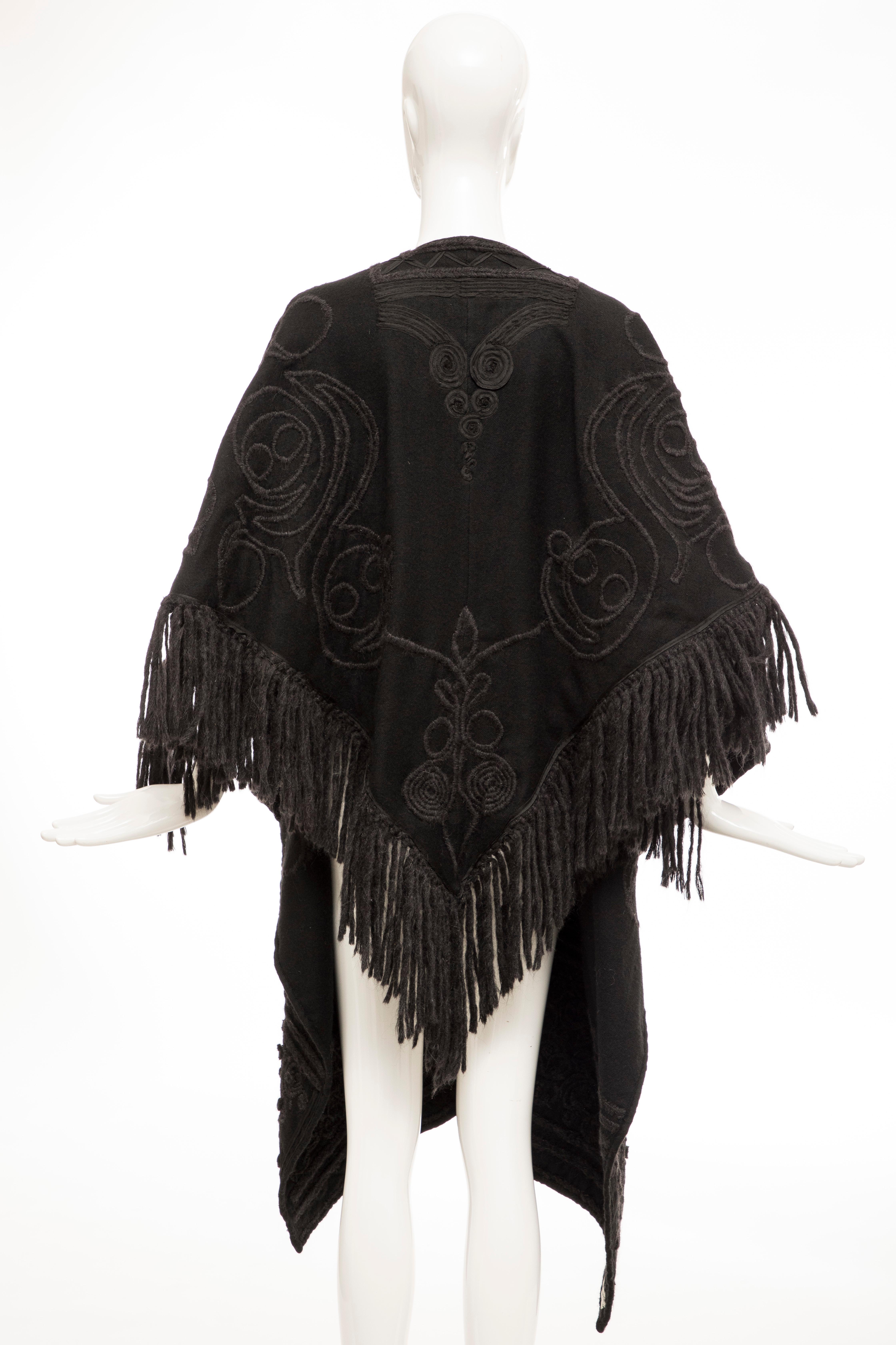 Dries Van Noten Runway Black Wool Embroidered Fringe Cape, Fall 2002 For Sale 1