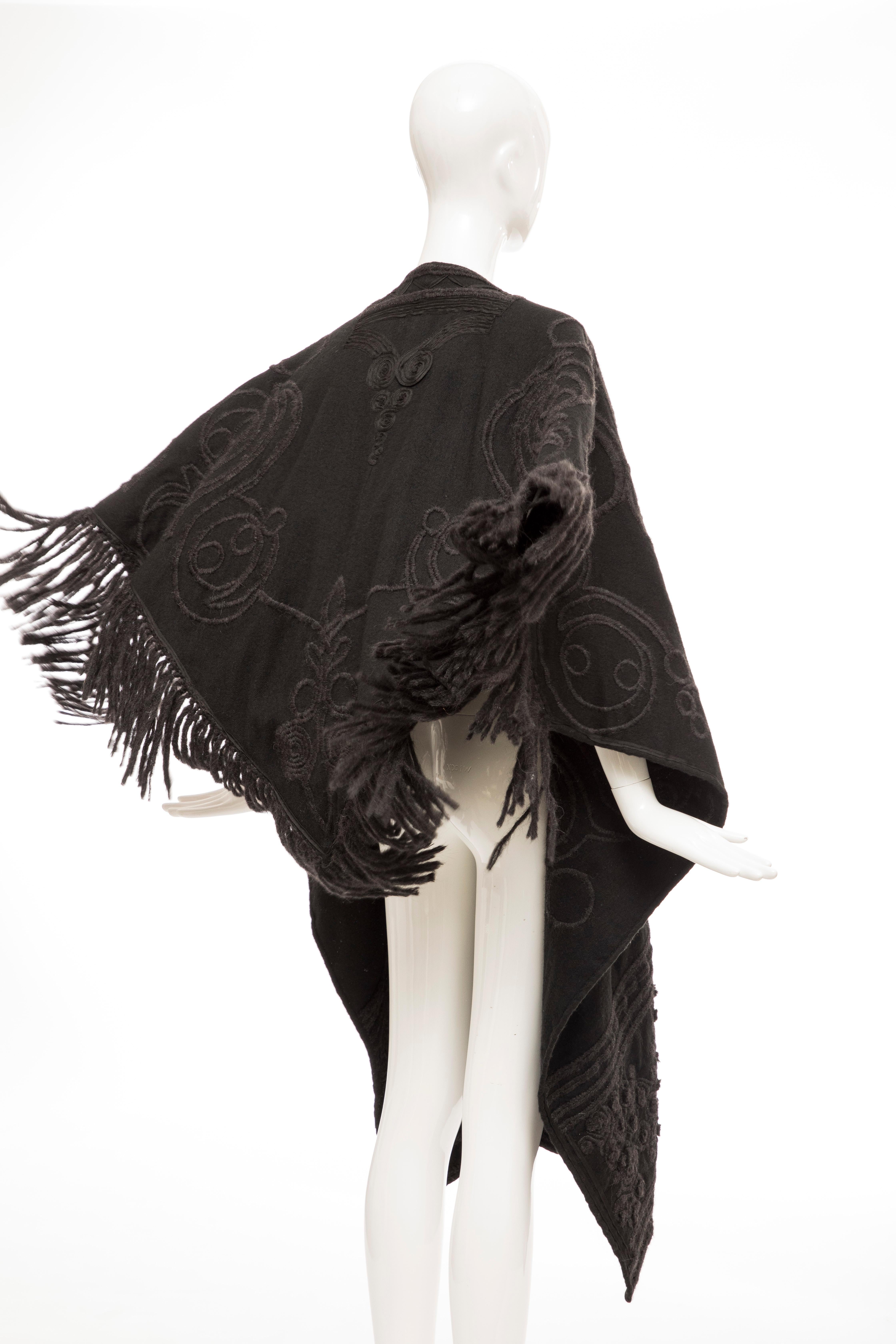 Dries Van Noten Runway Black Wool Embroidered Fringe Cape, Fall 2002 For Sale 3