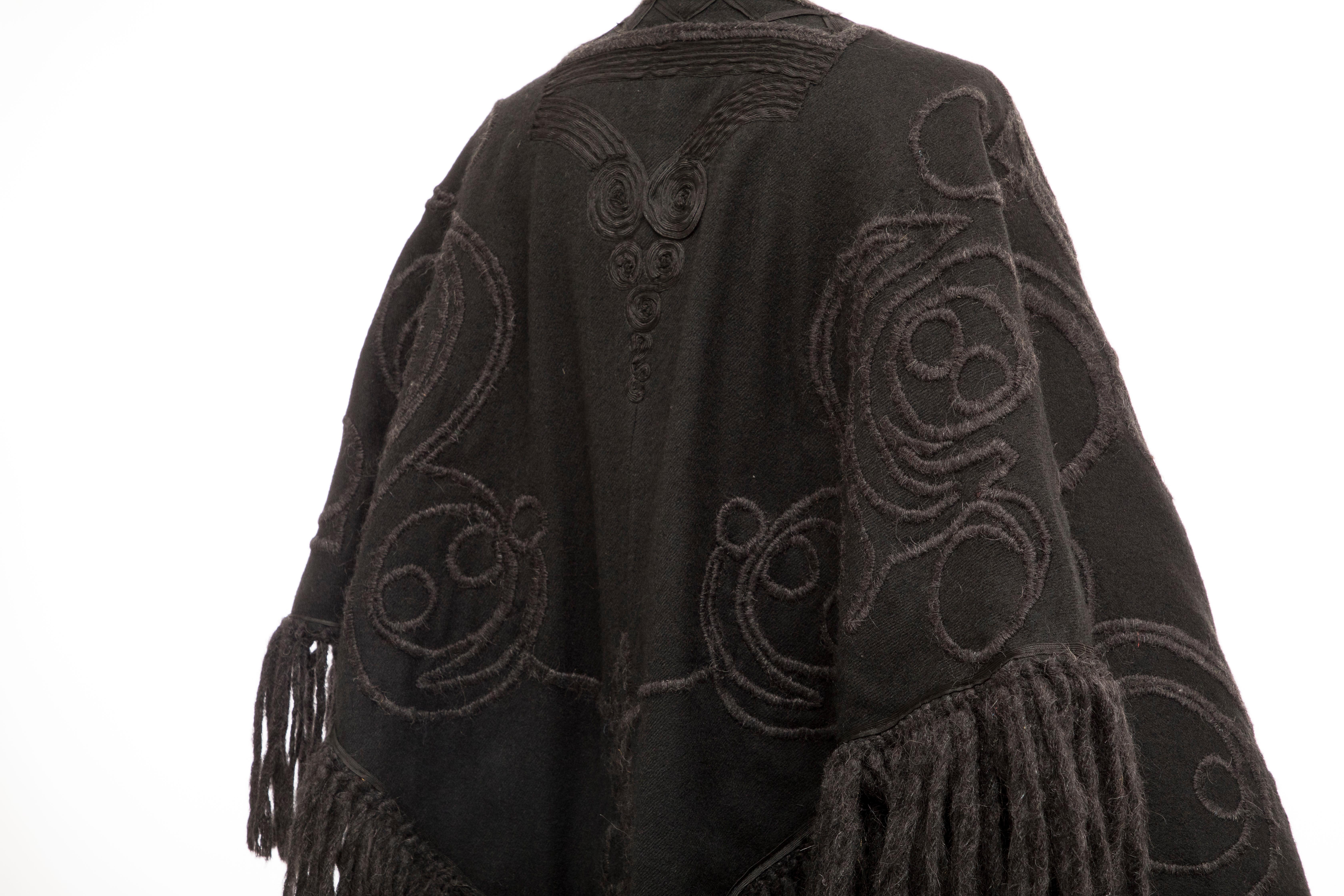 Dries Van Noten Runway Black Wool Embroidered Fringe Cape, Fall 2002 For Sale 4