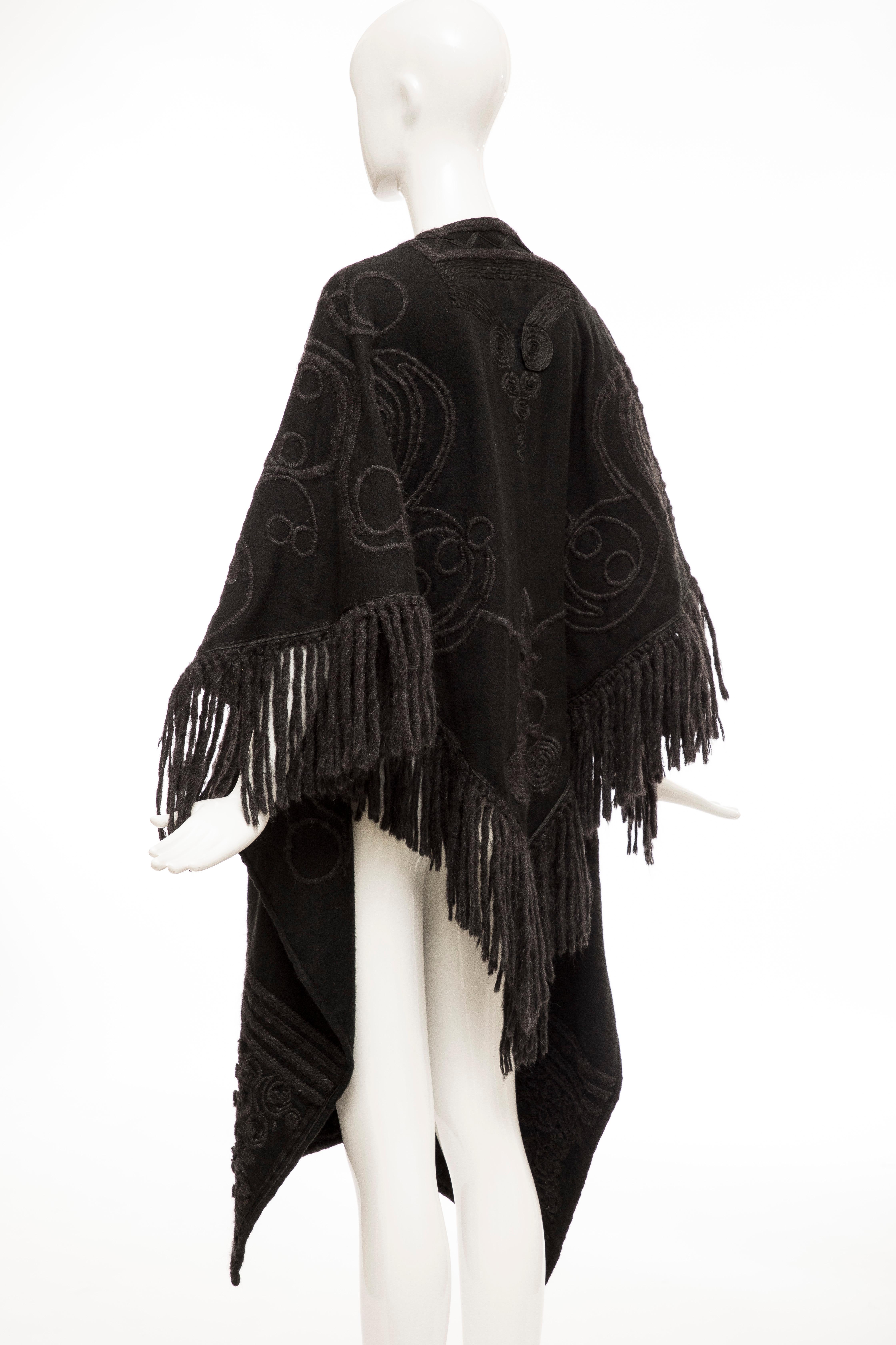 Dries Van Noten Runway Black Wool Embroidered Fringe Cape, Fall 2002 For Sale 5