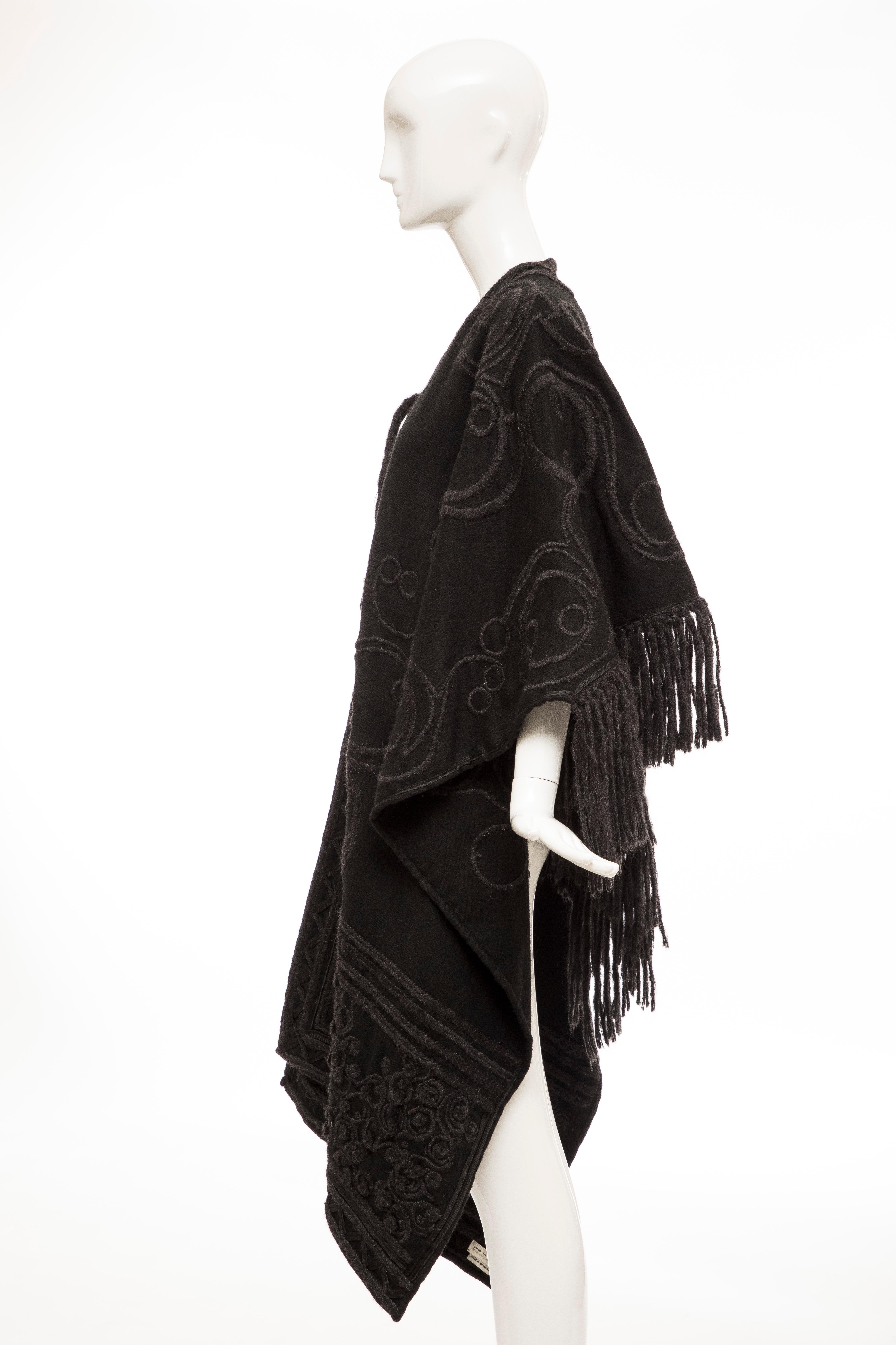 Dries Van Noten Runway Black Wool Embroidered Fringe Cape, Fall 2002 For Sale 6