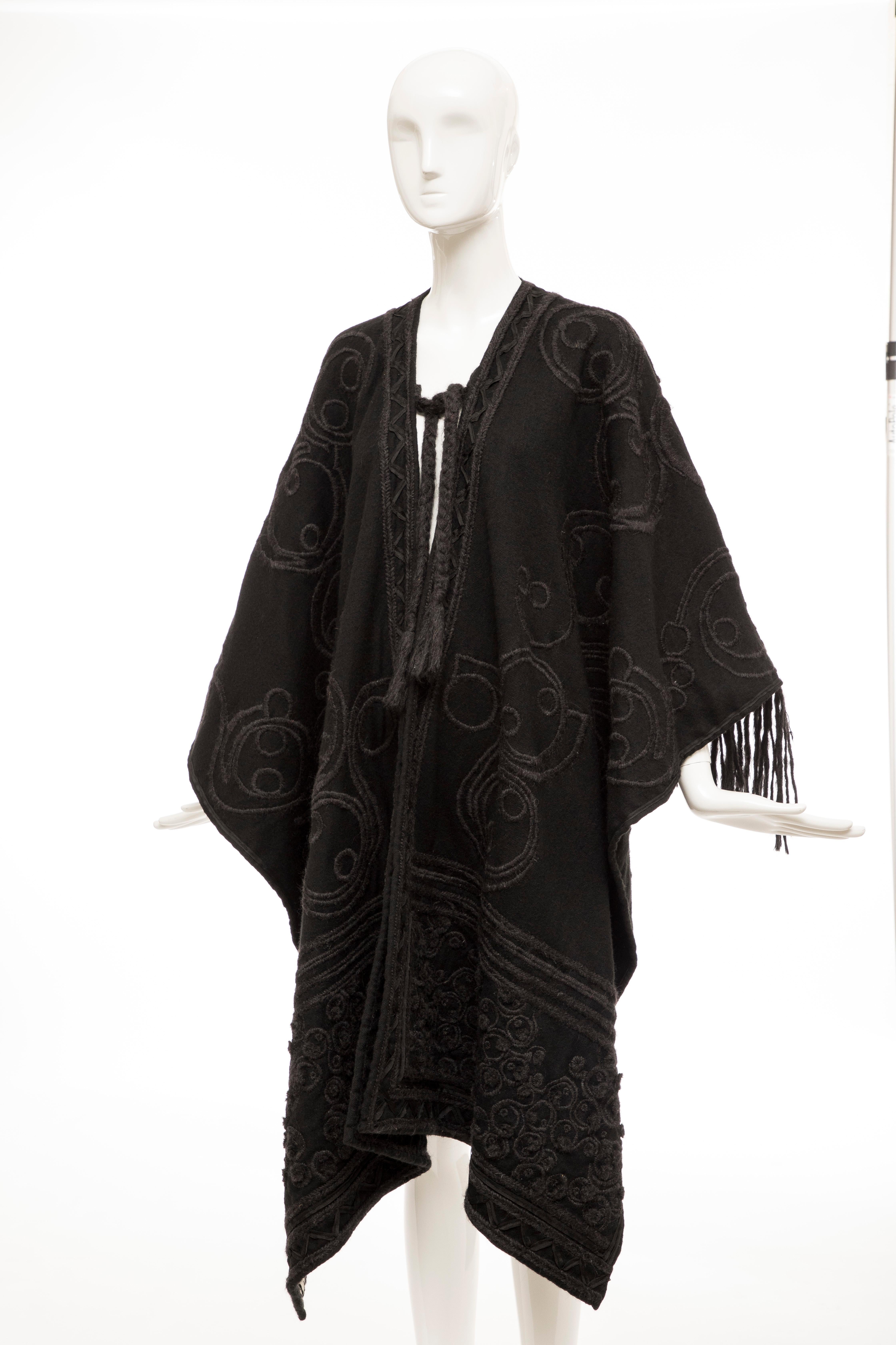 Dries Van Noten Runway Black Wool Embroidered Fringe Cape, Fall 2002 For Sale 7