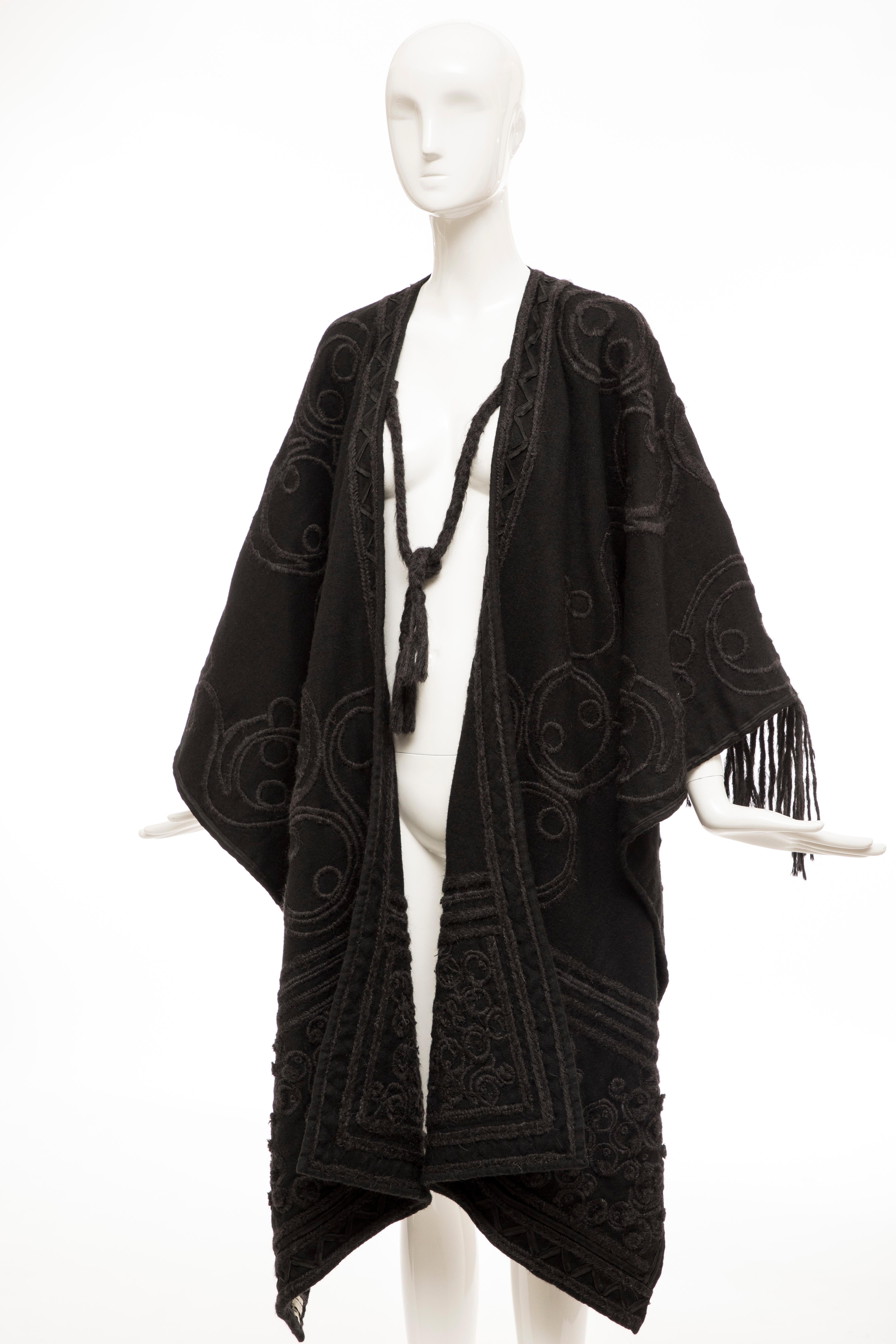 Dries Van Noten Runway Black Wool Embroidered Fringe Cape, Fall 2002 For Sale 8