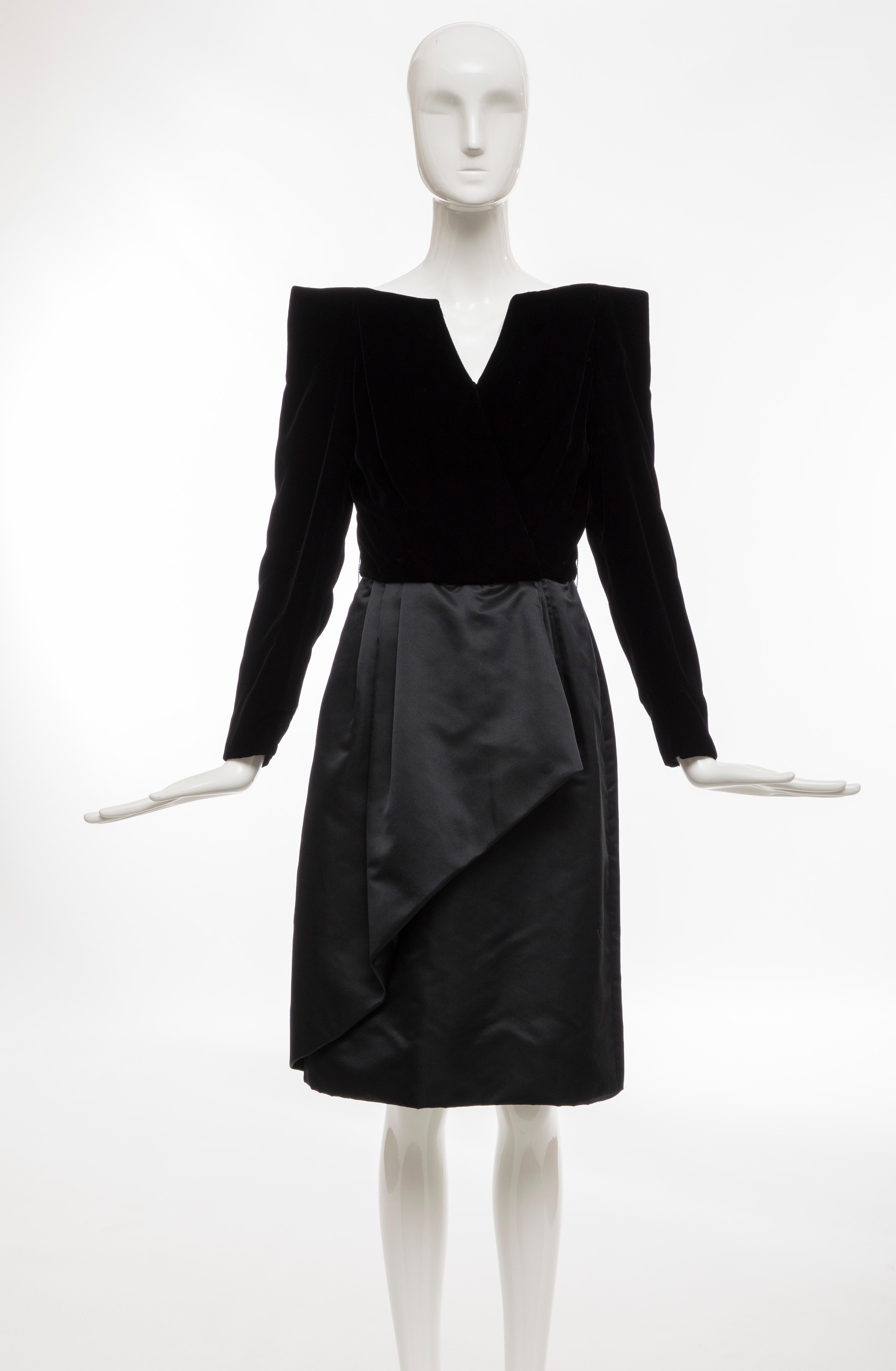 Scaasi Boutique, Circa: 1980's black off the shoulder evening dress with black silk velvet bodice and black silk satin skirt with back zip, hook and eye closure and fully lined.

Missing Belt

US: 8

Bust: 32, Waist: 25, Hips: 39, Sleeve: 22.5,