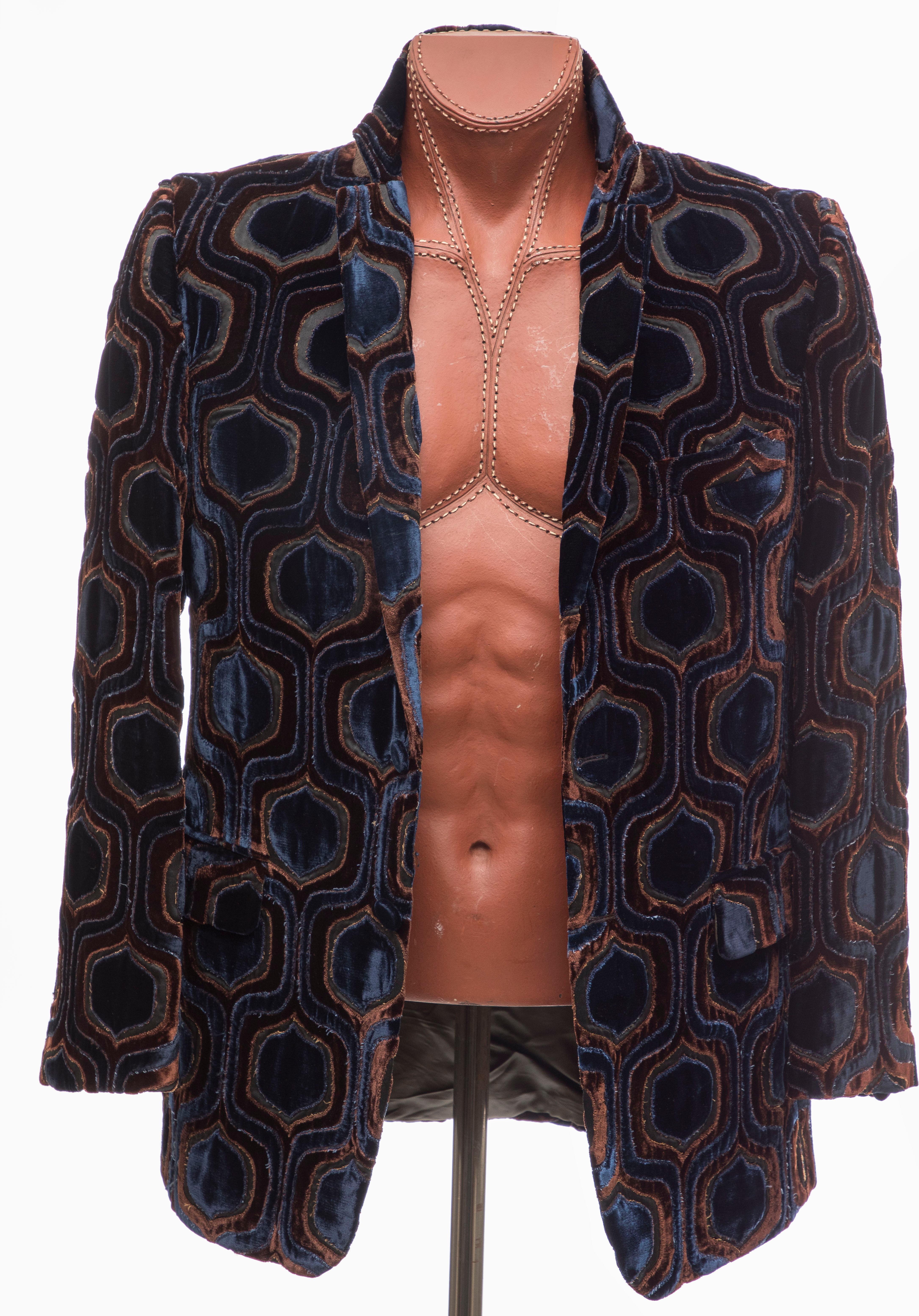 Gucci Tom Ford Runway Men's Navy Blue Geometric Velvet Evening Jacket, Fall 2000 6