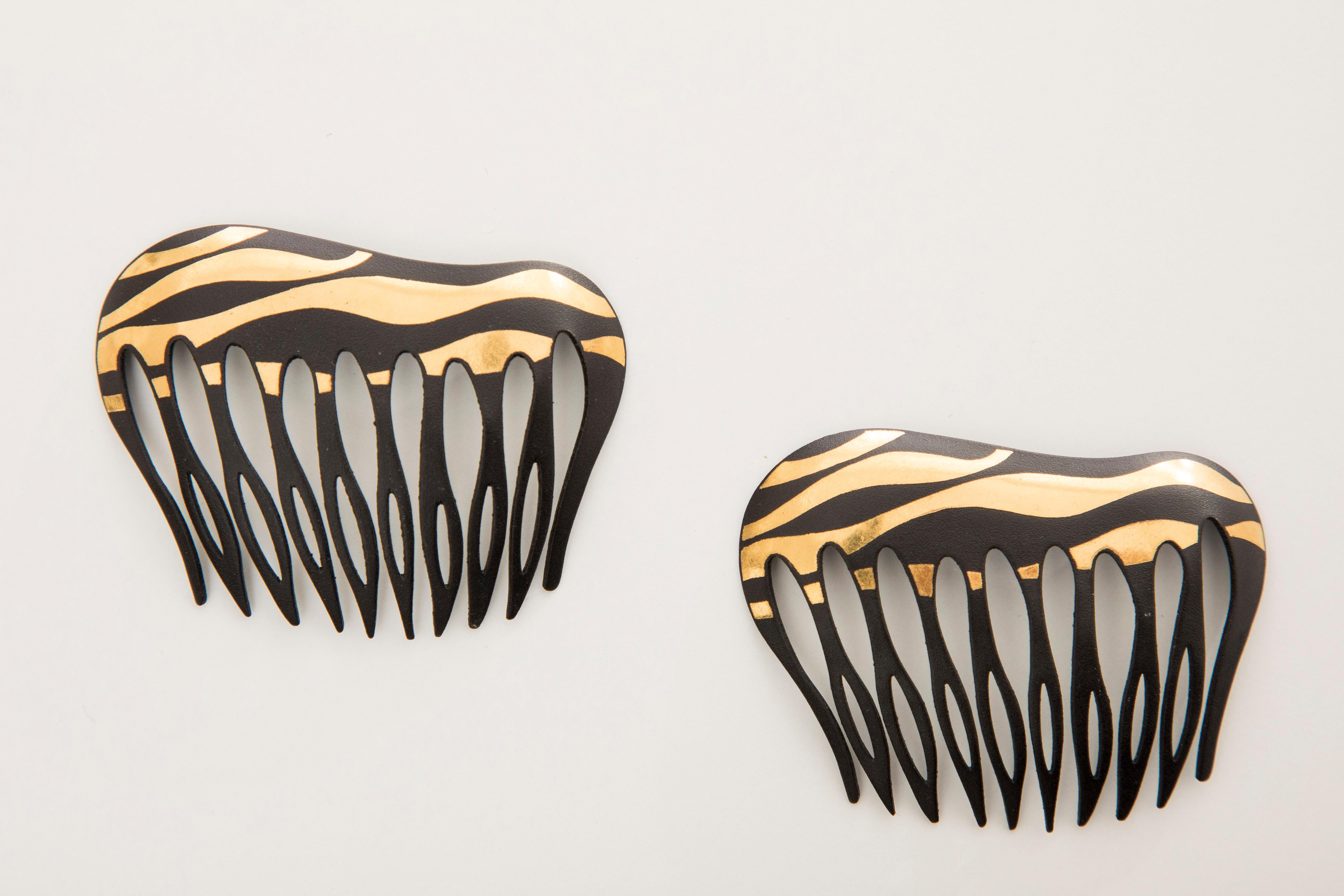 Contemporary Angela Cummings Tiffany & Co. Damascene Lacquered Iron Gold Hair Combs, 1970's
