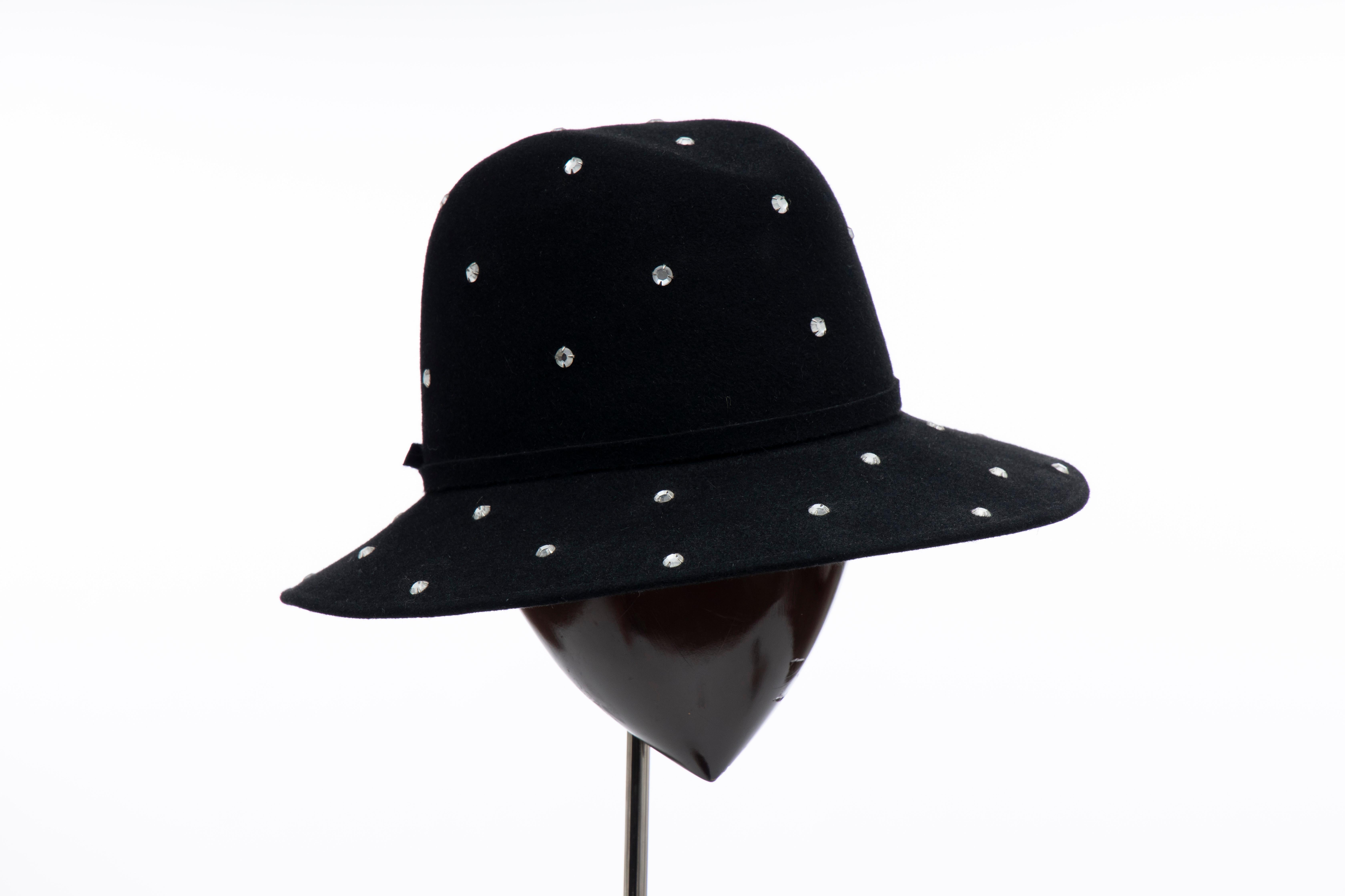 Frank Olive Black Wool Felt Prong Set Crystals Fedora, Circa: 1960's In Good Condition For Sale In Cincinnati, OH