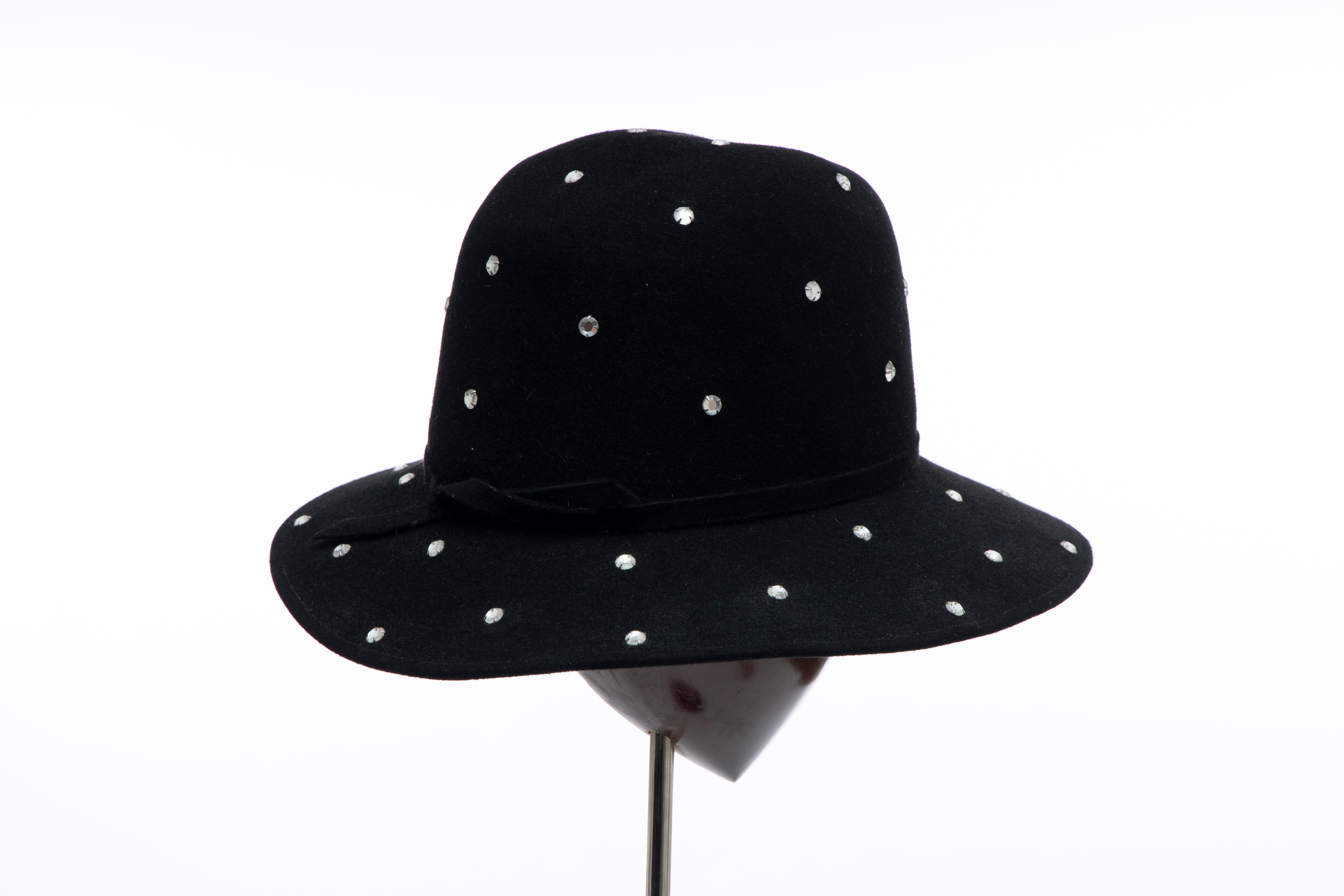 Frank Olive Black Wool Felt Prong Set Crystals Fedora, Circa: 1960's For Sale 1