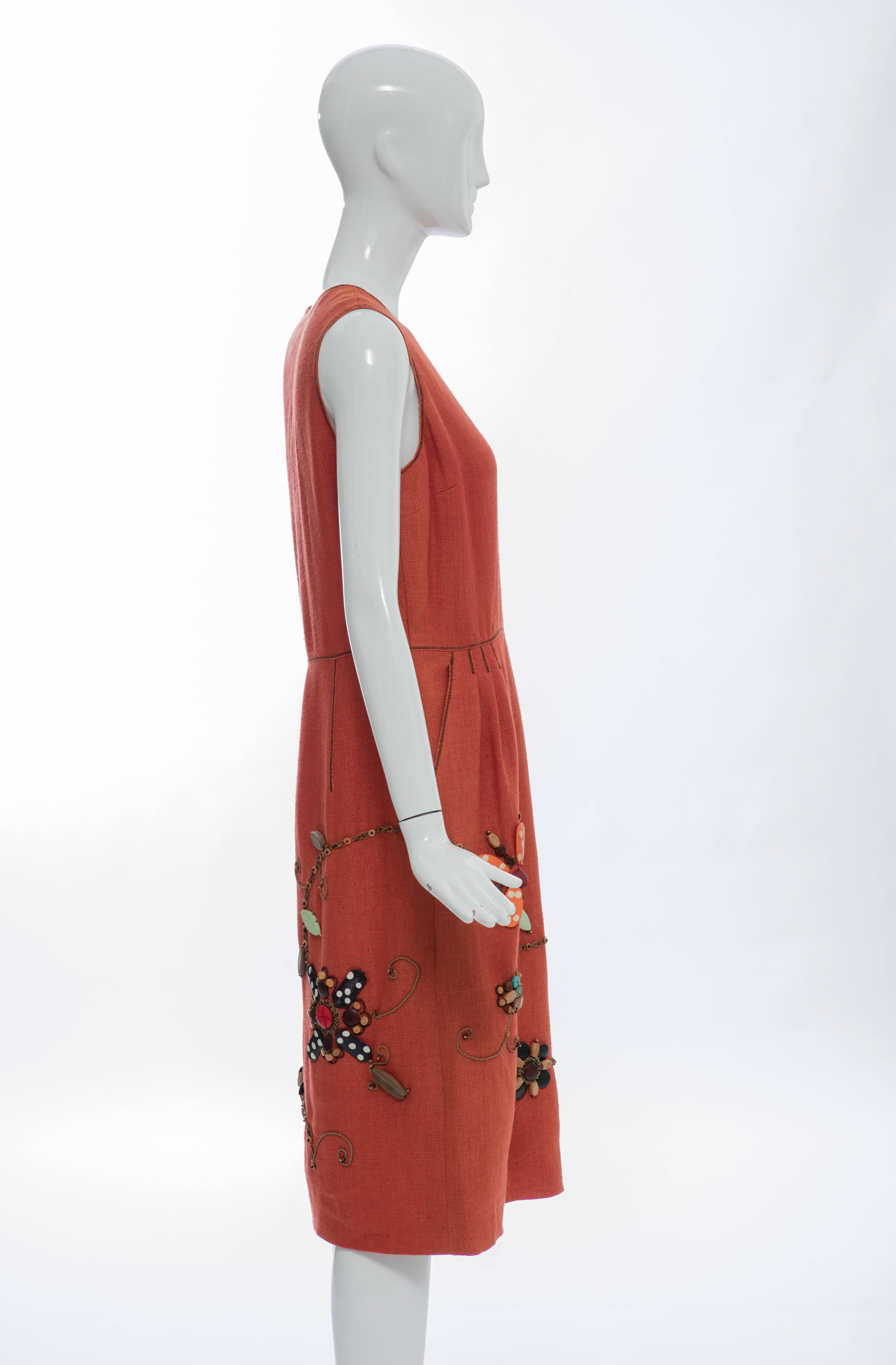 Red Oscar de la Renta Sleeveless Linen Dress Wood Bead Embroidery, Spring 2006 For Sale