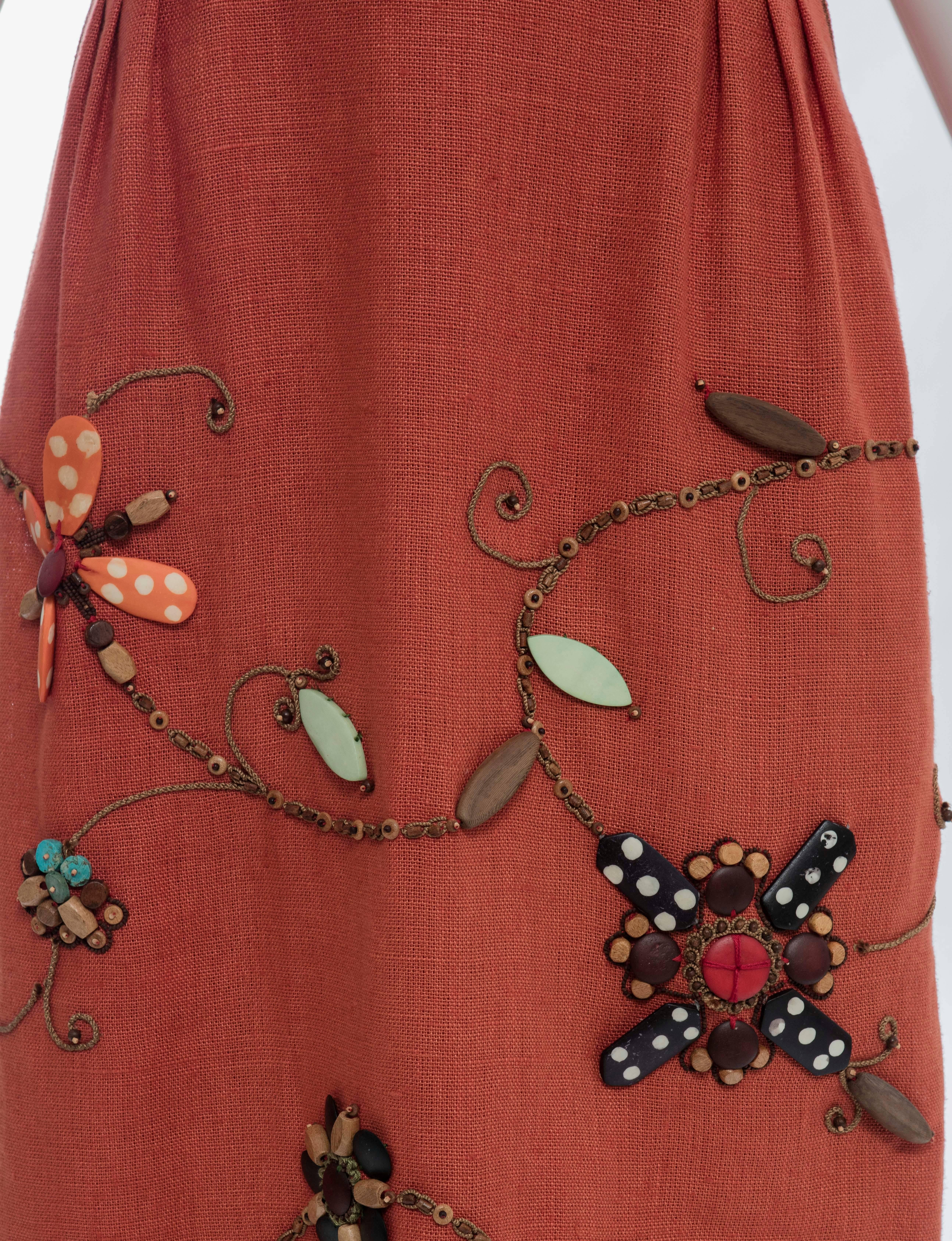 Oscar de la Renta Sleeveless Linen Dress Wood Bead Embroidery, Spring 2006 For Sale 1
