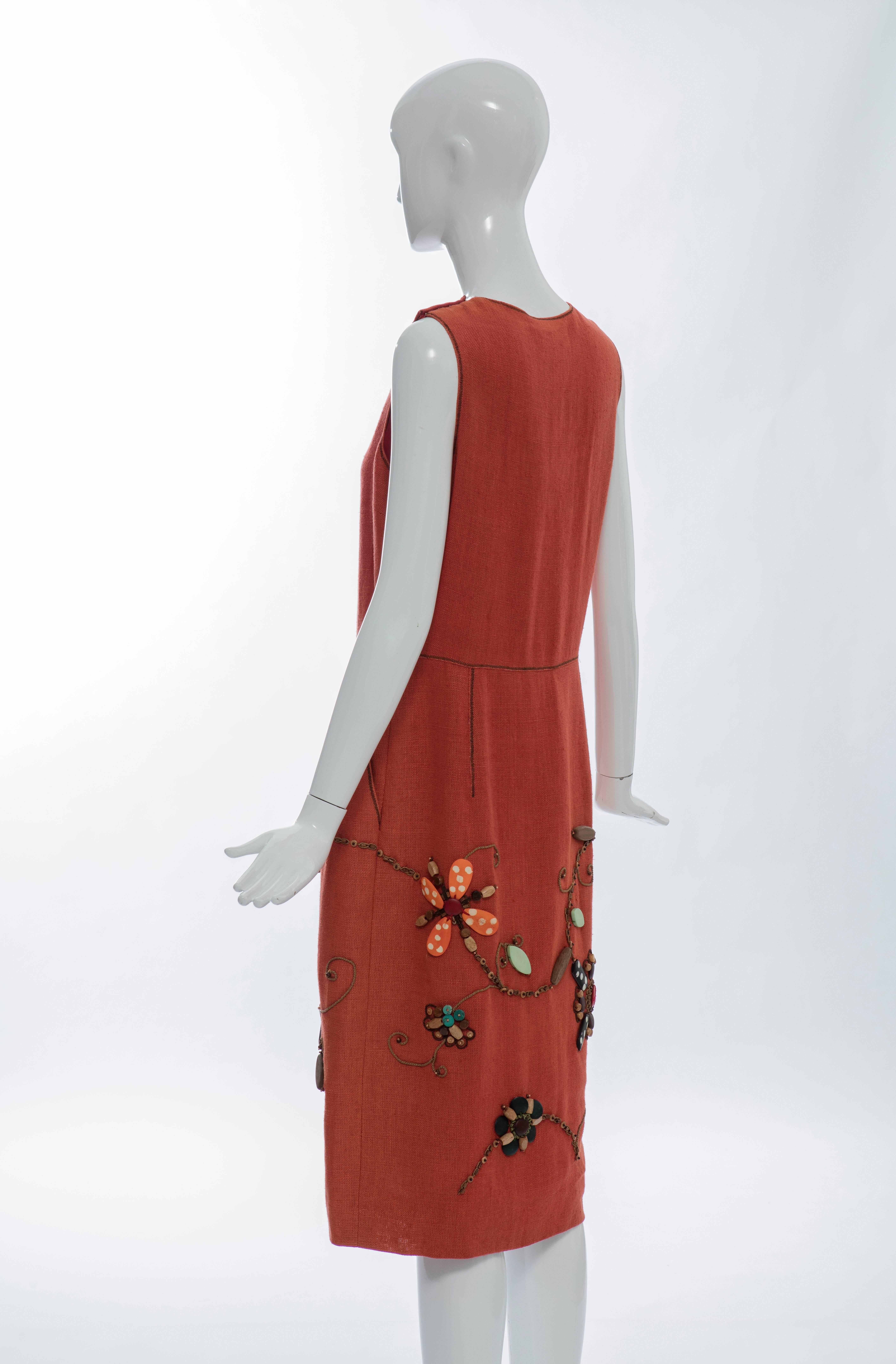 Oscar de la Renta Sleeveless Linen Dress Wood Bead Embroidery, Spring 2006 For Sale 3