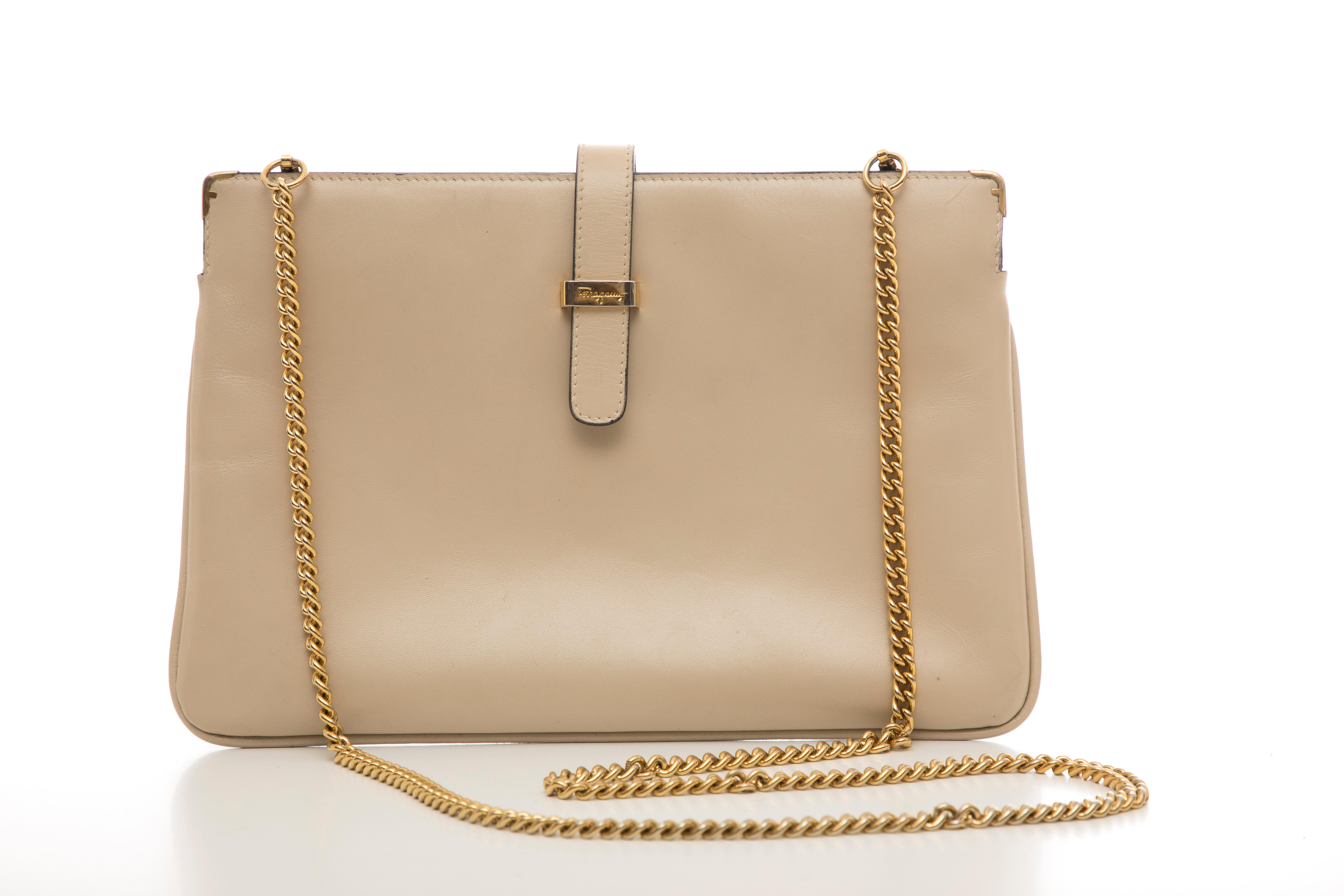 Salvatore Ferragamo, Circa: 1990's sand leather crossbody bag with  two interior compartments one zippered pocket.

